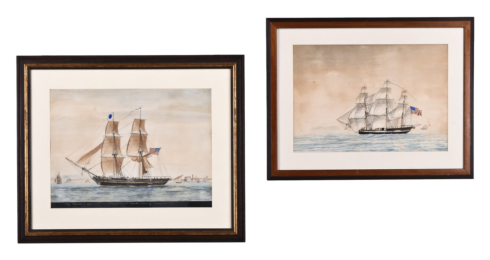 Two early 20th century watercolor marine paintings attributed to Murdoch Mcpherson: 2 (Two) early 20th century watercolor marine paintings attributed to Murdoch Mcpherson, the first with a ship flying an American flag and with smaller craft and buildings in the background, the captio