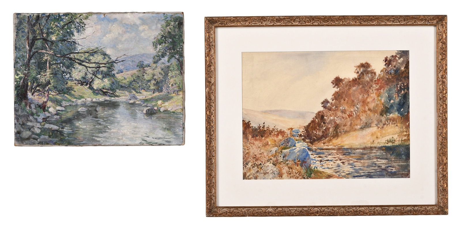 Two late 19th - early 20th century landscape paintings by Robert Broderick and Philip Little: 2 (Two) landscape paintings, the first a watercolor on paper titled "Brook in Fall", the composition with trees and foliage in autumn colors bordering a brook with mountains in the background, signed 