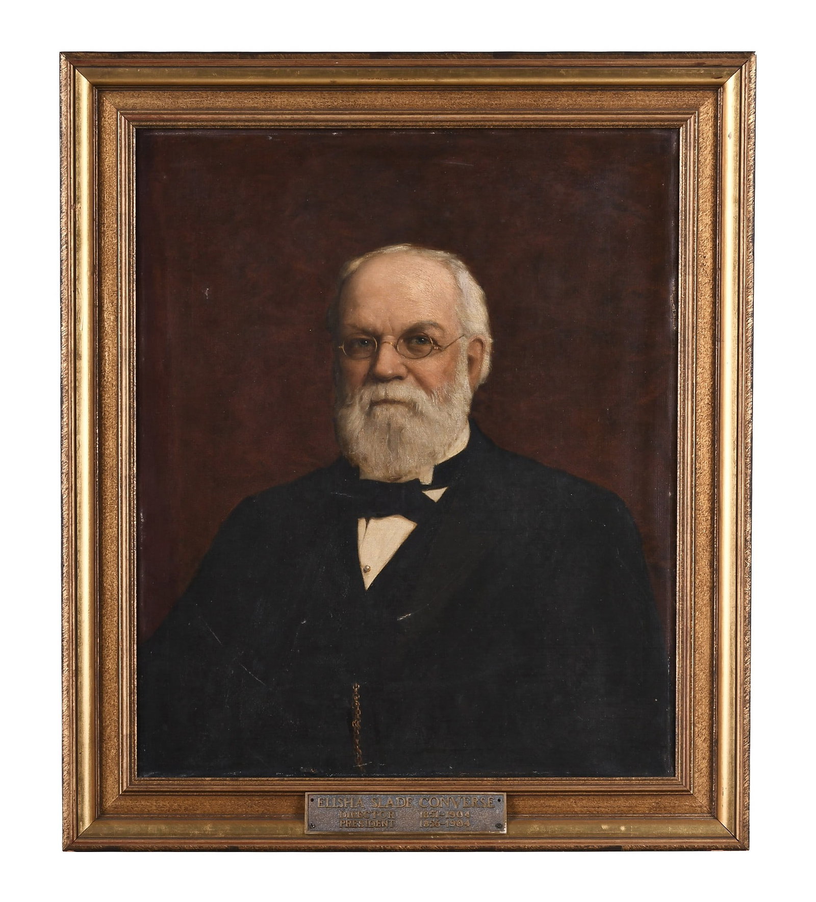 A late 19th century oil on canvas portrait of Elisha Slade Converse: A late 19th century oil on canvas portrait of Elisha Slade Converse, the bearded gent with wire rim glasses, bow tie, black coat and gold watch chain, in a molded gilt frame, with bronze plaque marked