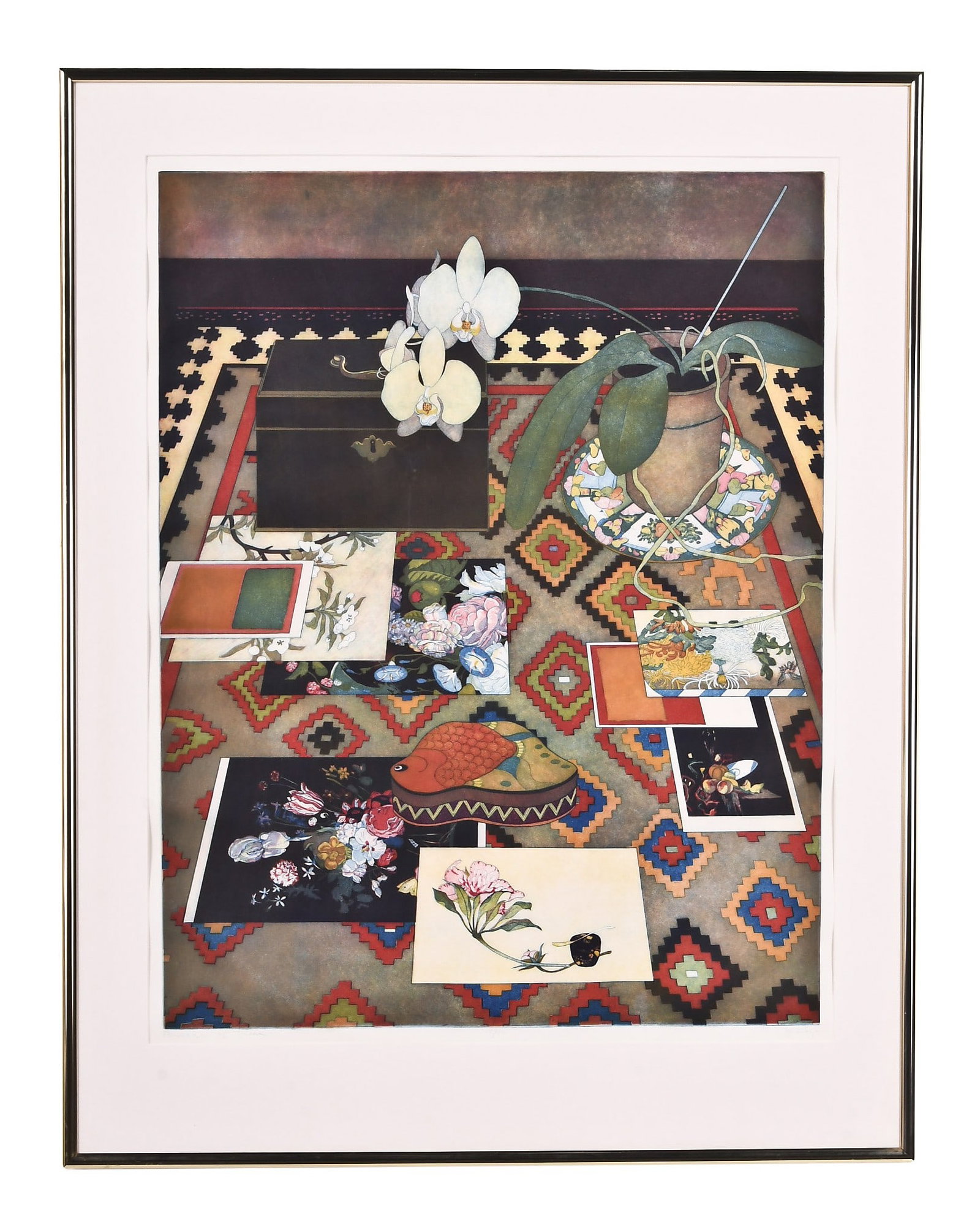 A large late 20th century Passage of Time color etching with aquatint by Katja Oxman: Katja Oxman, a large late 20th century color etching with aquatint titled "Passage of Time", title in pencil at lower left, bottom center marked "77/95", and with artist signature at lower right, matt