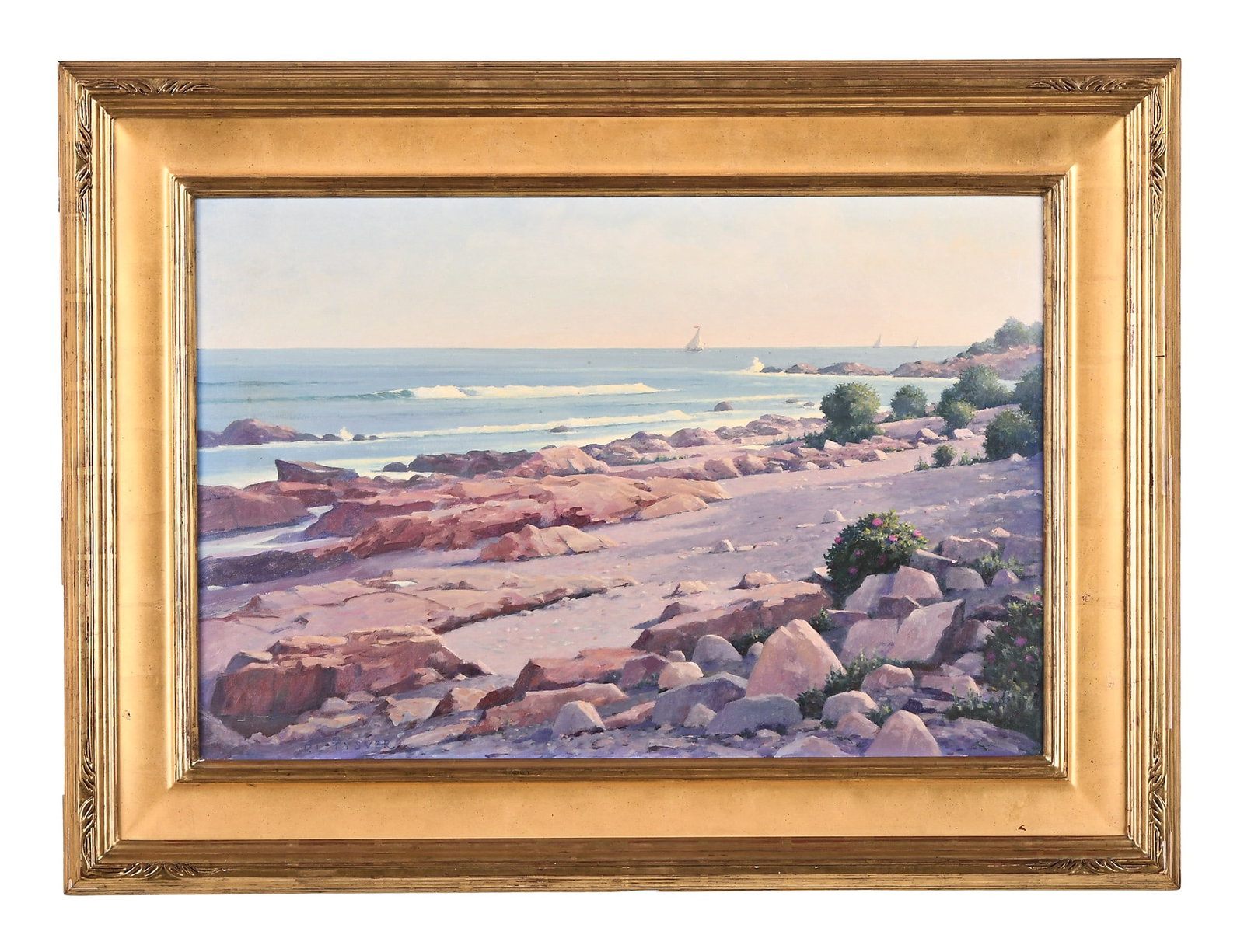 A large oil on canvas titled Equinox Bass Rocks Gloucester by Peter Tysver: Peter Tysver, a large oil on canvas titled "Equinox Bass Rocks Gloucester", featuring a rocky coastline with wild roses and three sailboats in the background, signed at lower left, and dated 2004 on t