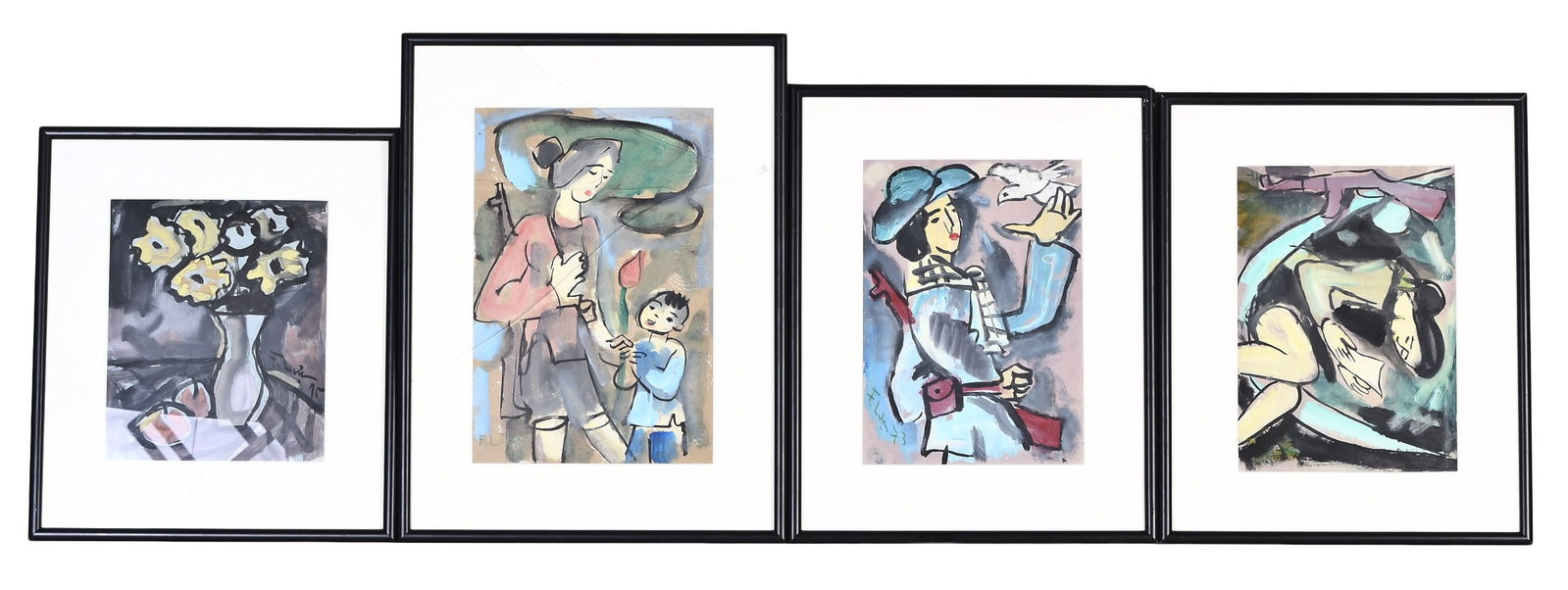 A lot of four Vietnam War era gouache on paper works by Pham Luc dated 1972 - 75: Pham Luc, a lot of four Vietnam War era paintings, all gouache on paper, one with a woman and child, another with a woman reading on a hammock, another with a standing figure and bird, and a still lif