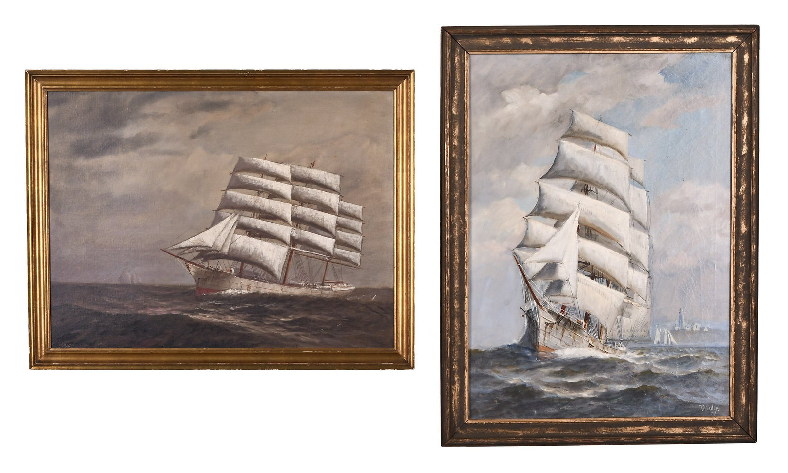 A lot of two early 20th century marine paintings featuring ships signed T. Bailey: T. Bailey, a lot of two early 20th century oil on canvas paintings of tall ships on the high seas, framed, collection of Eastern Bank, Boston, Massachusetts