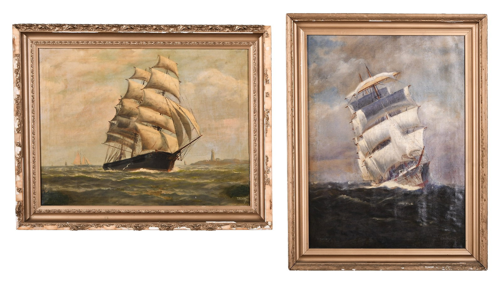 A lot of two early 20th century marine paintings featuring ships signed T. Bailey: T. Bailey, a lot of two early 20th century oil on canvas paintings of tall ships on the high seas, framed, collection of Eastern Bank, Boston, Massachusetts