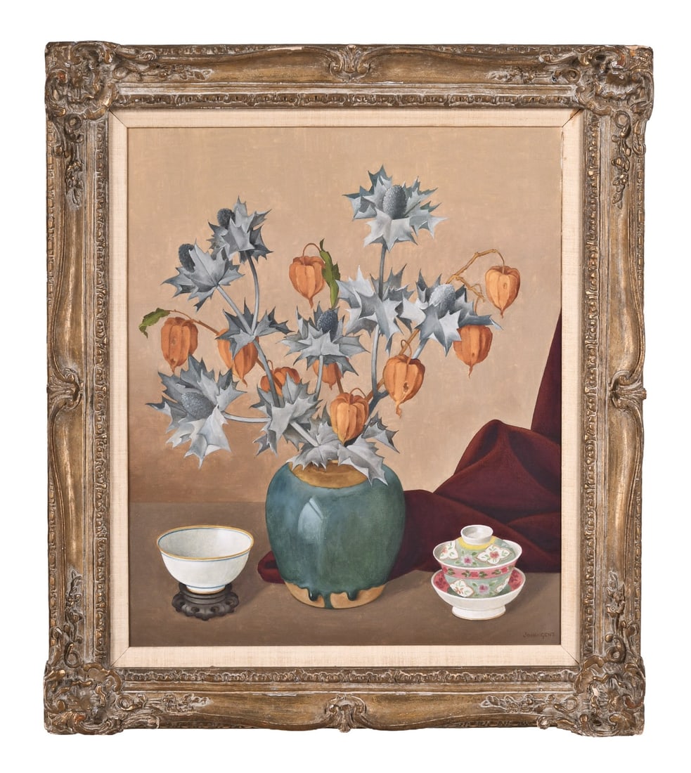 A mid 20th century oil on canvas still life by Johannes van Gent: Johannes van Gent, a mid 20th century oil on canvas still life featuring a vase with blue green glaze containing thistle and Chinese Lantern, flanked by Asian open and covered bowls, and with red clot