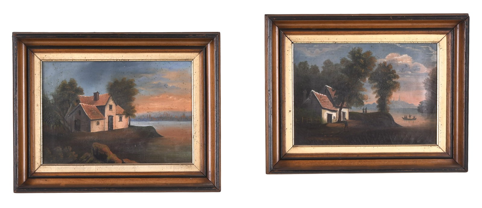 A lot of two 19th century American oil on canvas paintings: 2 (Two) 19th century American oil on canvas paintings, both at sunset and with dwellings on the shore, one with building accompanied by moss covered rocks and trees, the other with figures in a boat a