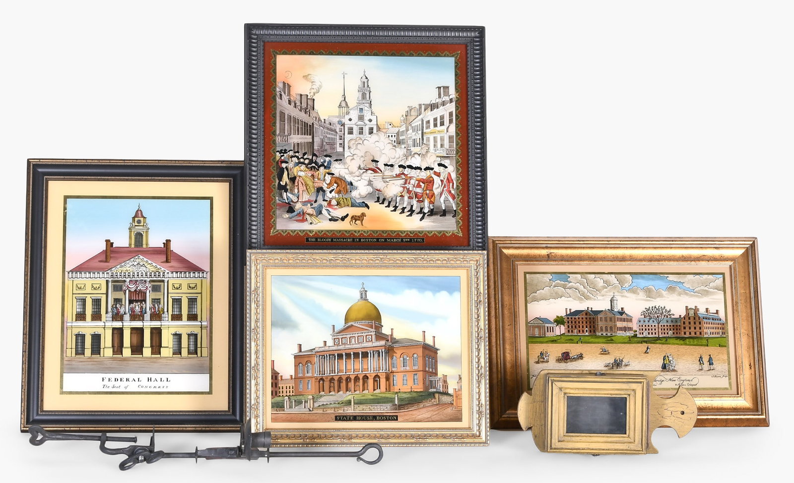 A lot of four framed reverse painted on glass by Tom Moberg and other reproductions: A lot of four framed reverse painted on glass by Tom Moberg and two other reproductions, the first after an engraving by Paul Revere titled "A Westerly View of the Colledges in Cambridge New England",