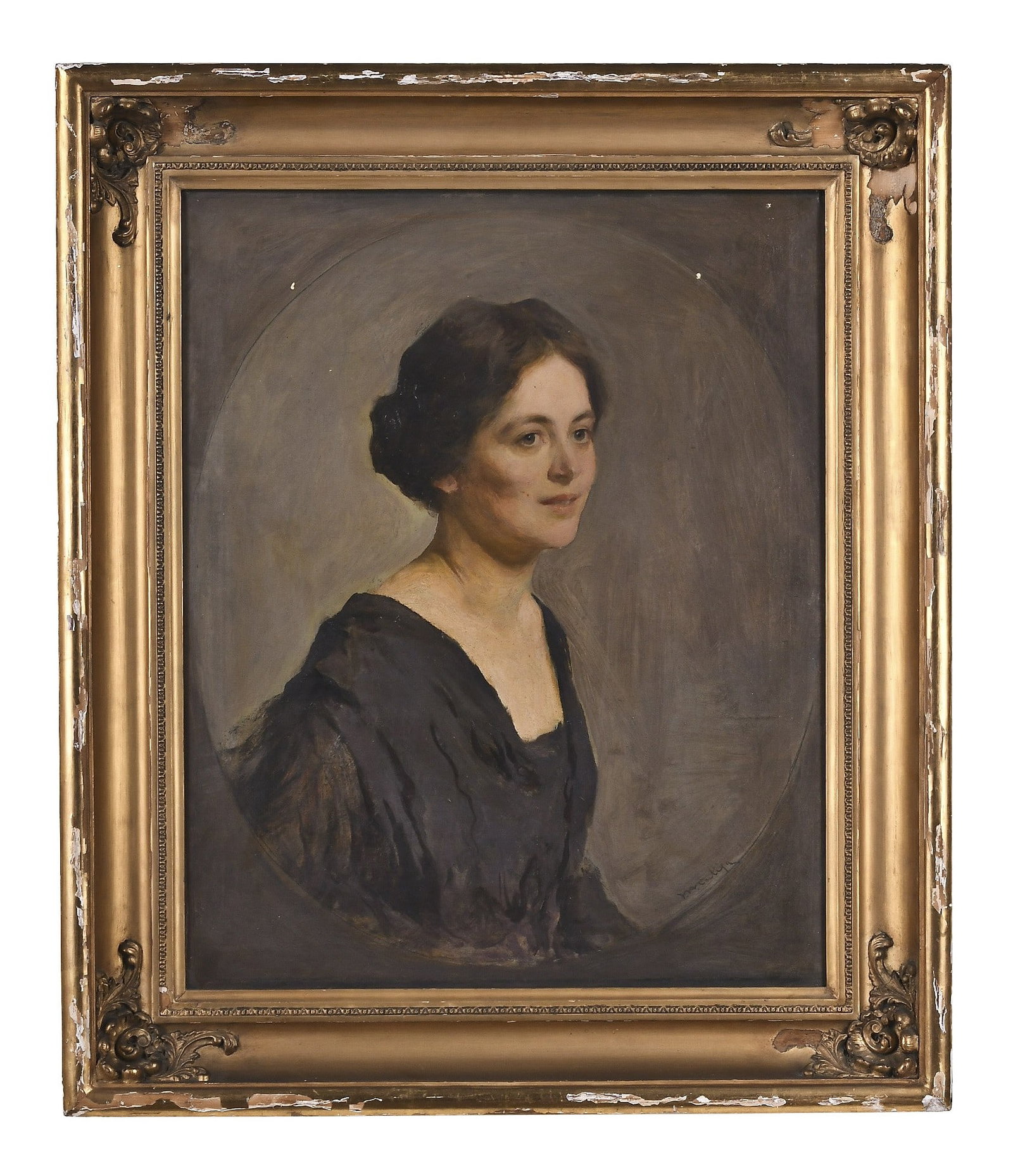 An early 20th century oil on canvas portrait of a woman with Foster Brothers frame: An early 20th century oil on canvas 3/4 portrait of a woman, the sitter with brown hair and eyes, and black dress, illegibly signed at lower right, in a molded gilt frame with rococo style gesso ornam