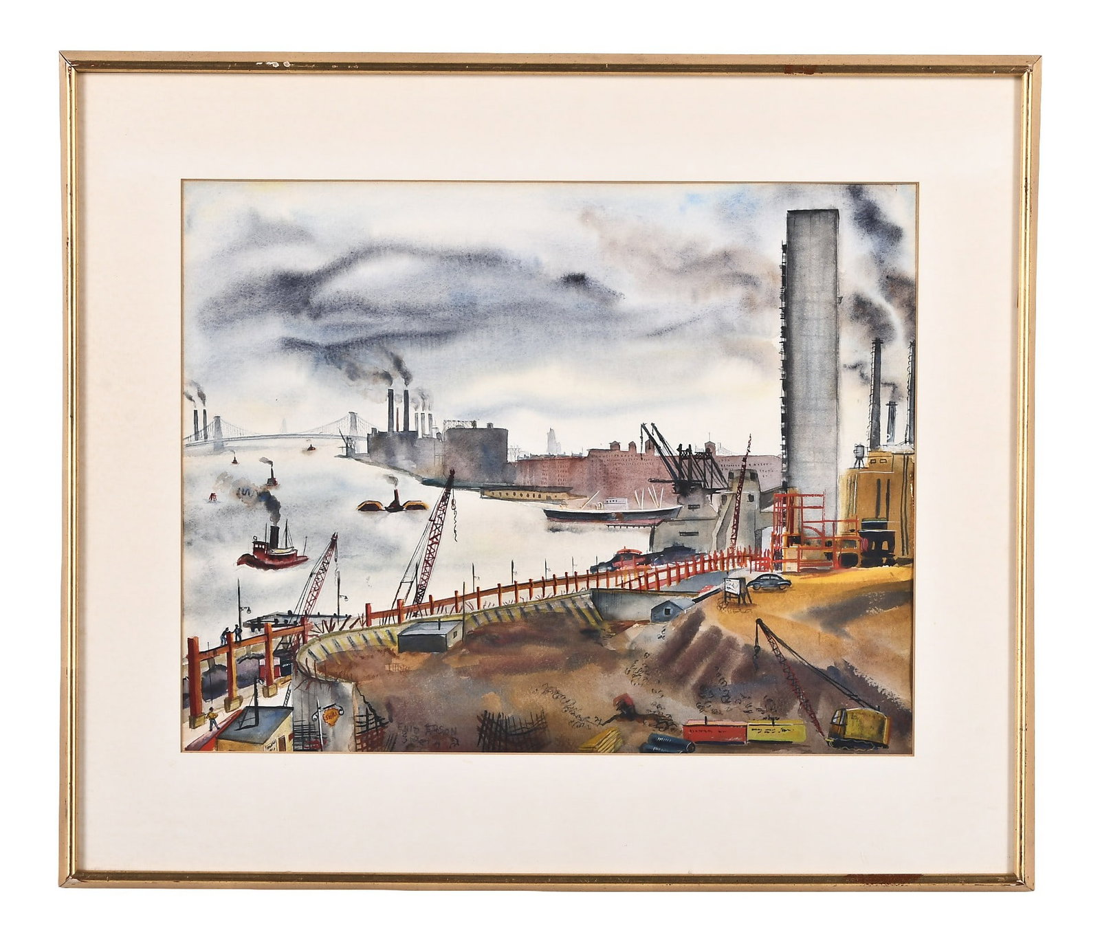 A mid 20th century watercolor of the East River and Brooklyn Navy Yard by Enid Edson: Enid Edson, a mid 20th century watercolor on paper of the East River and Brooklyn Navy Yard, matted and framed, collection of Eastern Bank, Boston, Massachusetts
