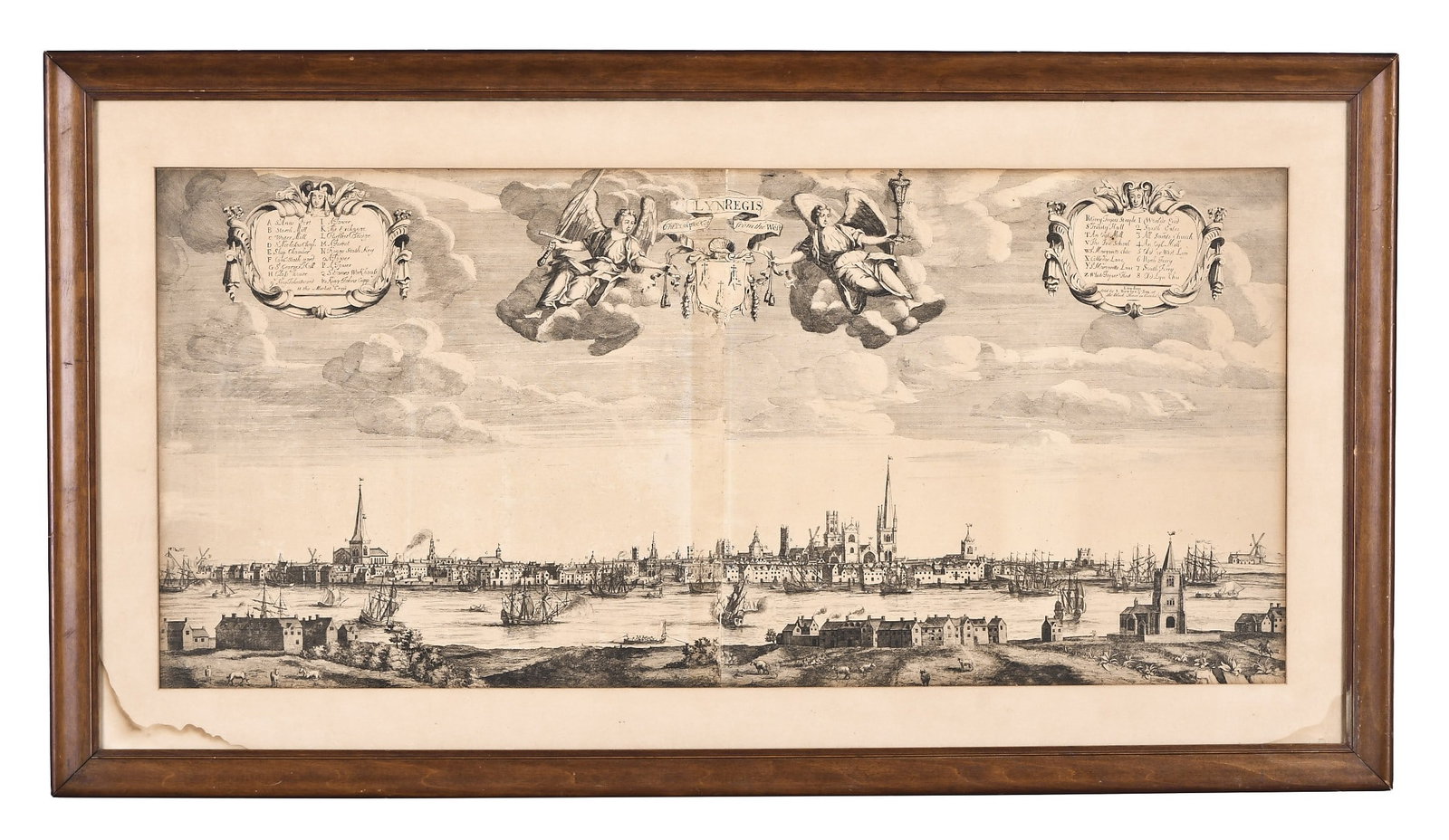 A late 17th century engraving titled The Prospect of Lyn Regis from the West: The Prospect of Lyn Regis from the West, a late 17th century two sheet engraving on laid paper, sold by I. Bowles & Son, London, matted and framed, collection of Eastern Bank, Boston, Massachusetts