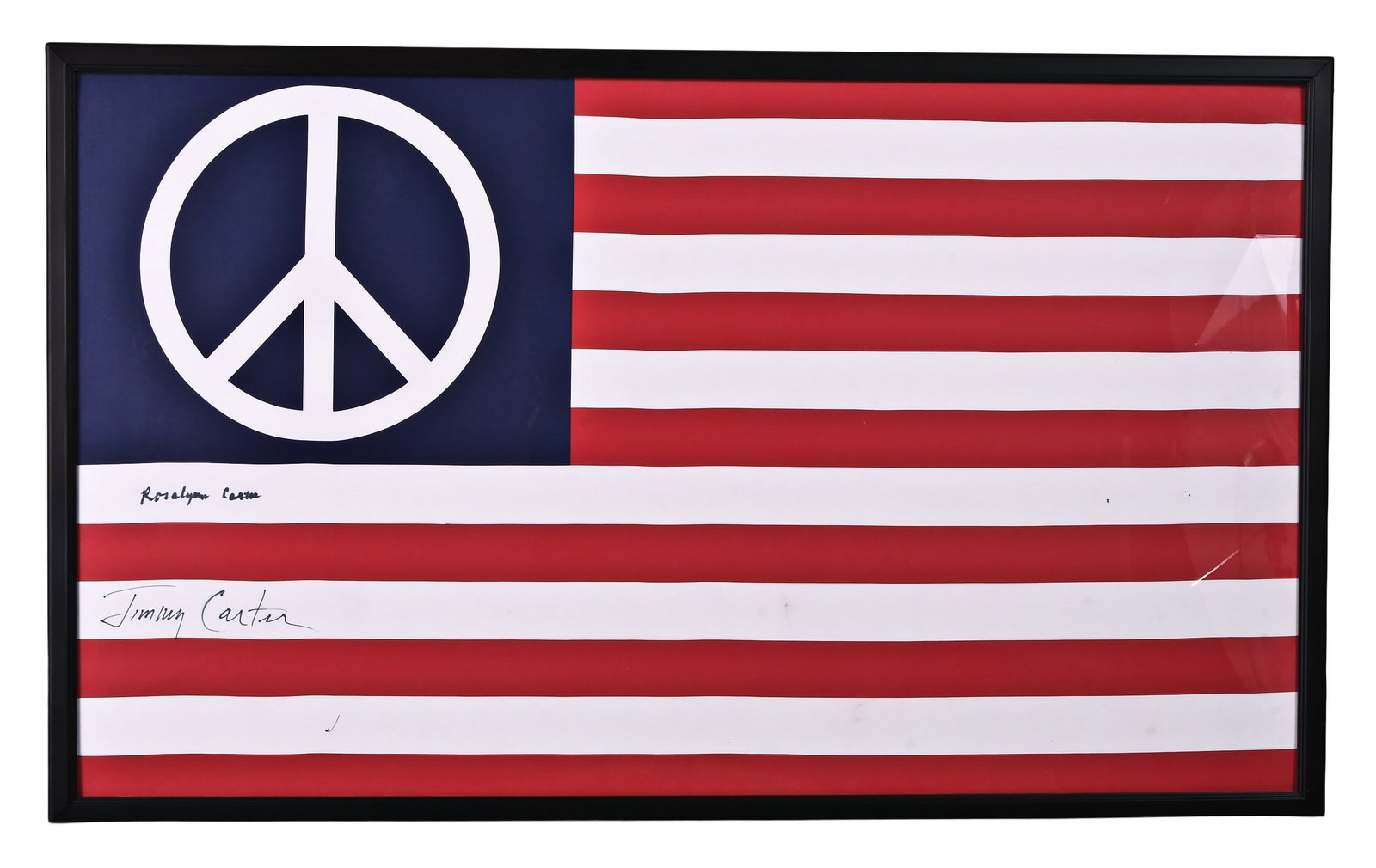 A late 20th - early 21st century Peace flag signed by Jimmy and Rosalynn Carter: A late 20th - early 21st century Peace flag signed by Jimmy and Rosalynn Carter, the design based on the American flag, but the stars are replaced by a peace sign on the blue field, the fourth and fif