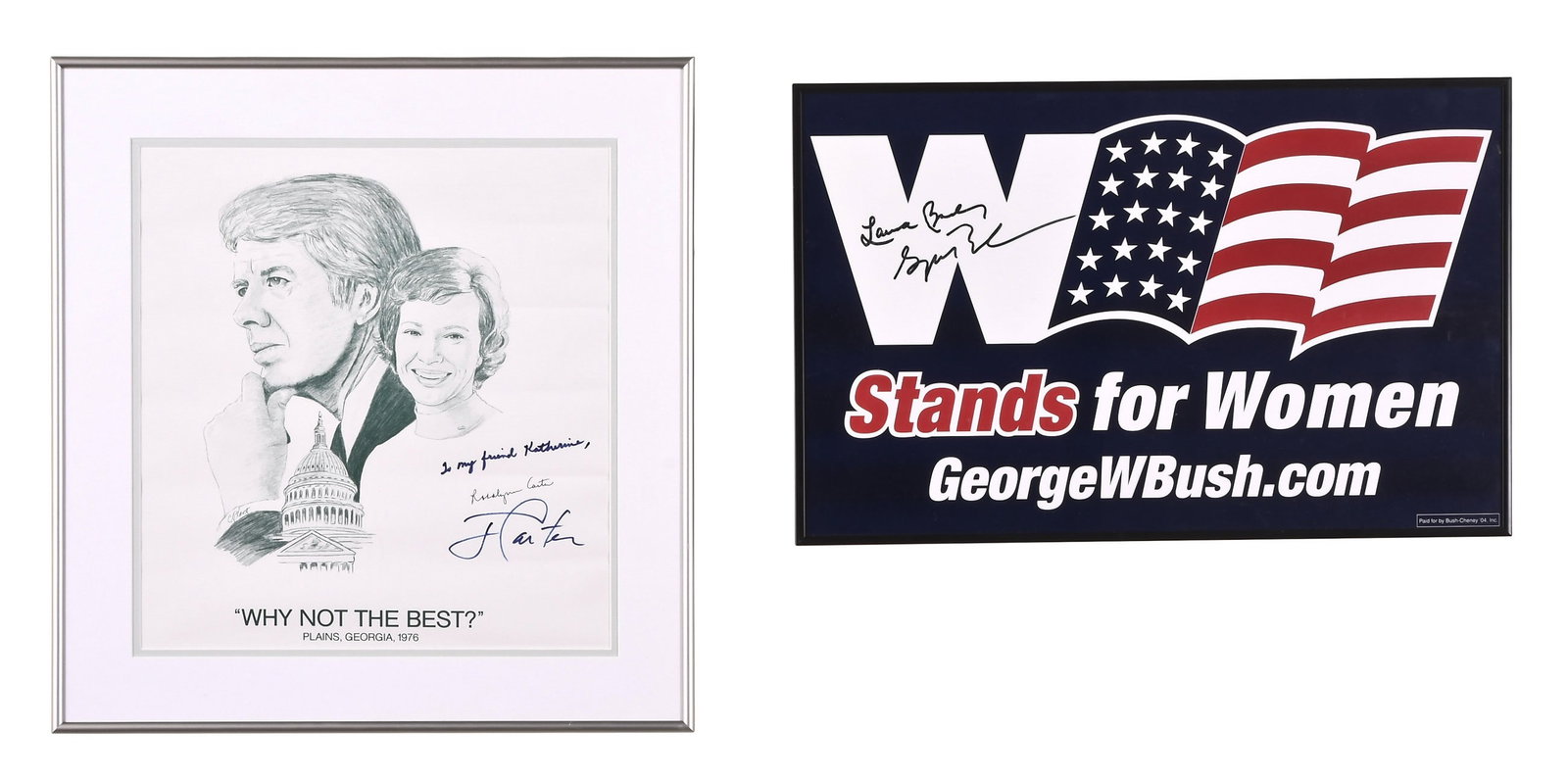 A lot of two Jimmy Carter and George W. Bush signed items: A lot of two Jimmy Carter and George W. Bush signed items, the first a 2004 political sign marked "W Is For Women" with an American flag, signed by both George and Laura Bush, the other a campaign pos