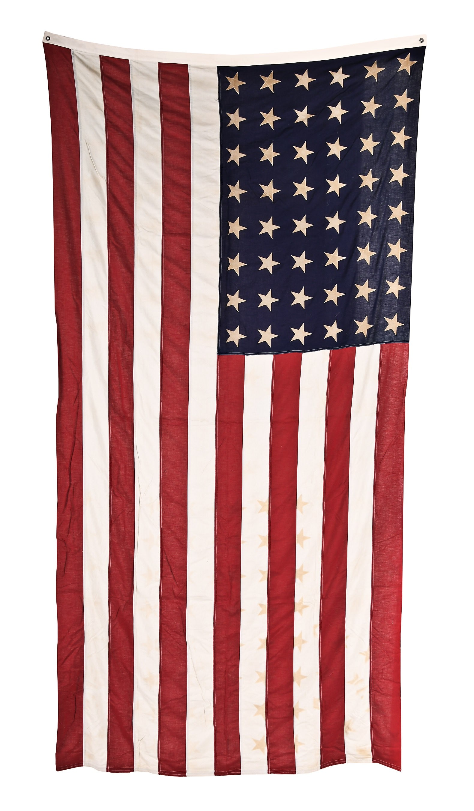 A large mid 20th century casket flag with 48 gold stars: A large mid 20th century casket flag with 48 gold stars, of the usual American pattern and color scheme, with the exception of one side of the blue field having 48 gold stars, the other side with the 