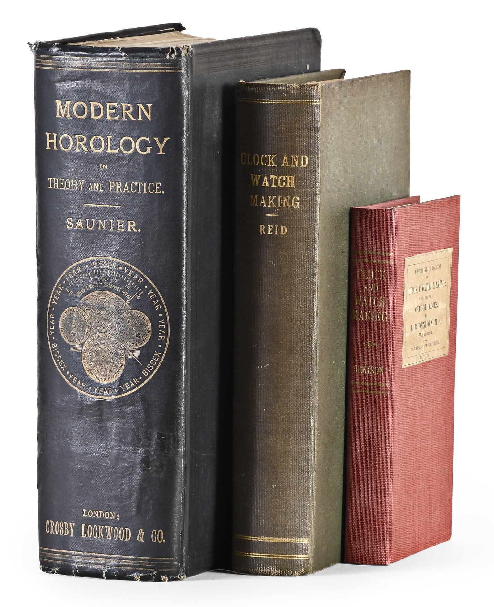A lot of three 19th century horological reference books including Saunier's Treatise: 3 (Three) 19th century horological reference books, including Saunier's "Treatise on Modern Horology", second edition, 1887, dark blue cloth binding with 22 folding plates in color, "A Treatise on Clo