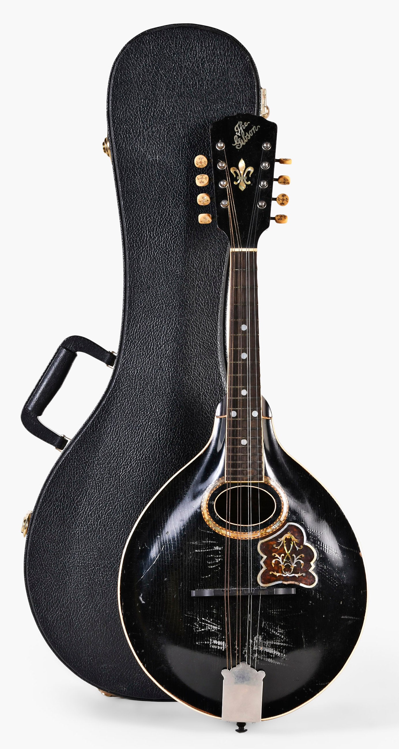 An early 20th century Gibson A4 mandolin with case: Gibson Mandolin - Guitar Co., Kalamazoo, Mich, an early 20th century style A4 mandolin, mahogany neck with ebony fret board and ebonized headstock with inlaid abalone fleur de lis and "The Gibson" log