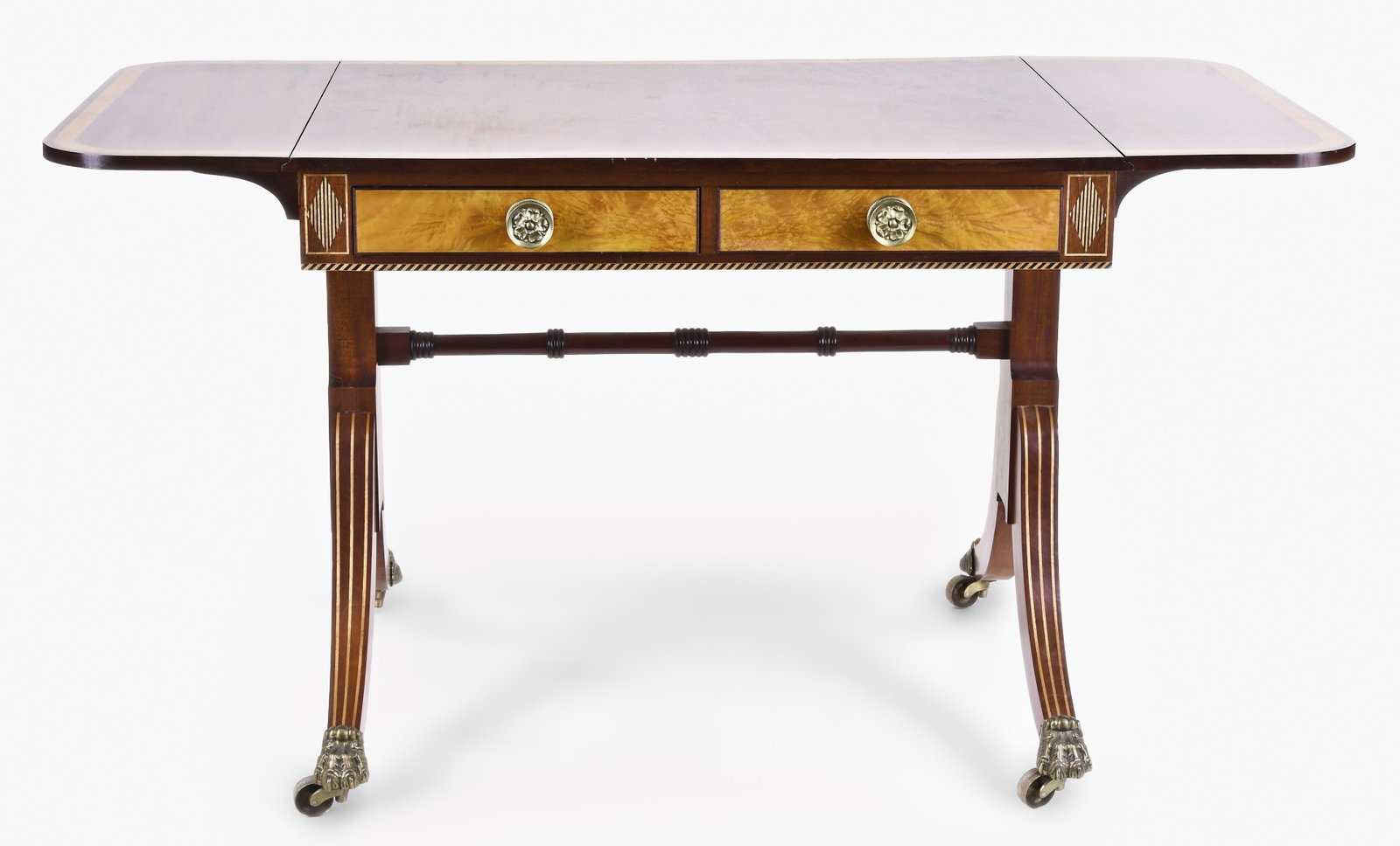 A good late 20th century Federal period reproduction sofa table by Robert Millard: Robert Millard, a good late 20th century reproduction of an early 19th century sofa table, book matched, drop leaf mahogany top with satinwood crossbanding, the apron lower rail with contrasting bandi