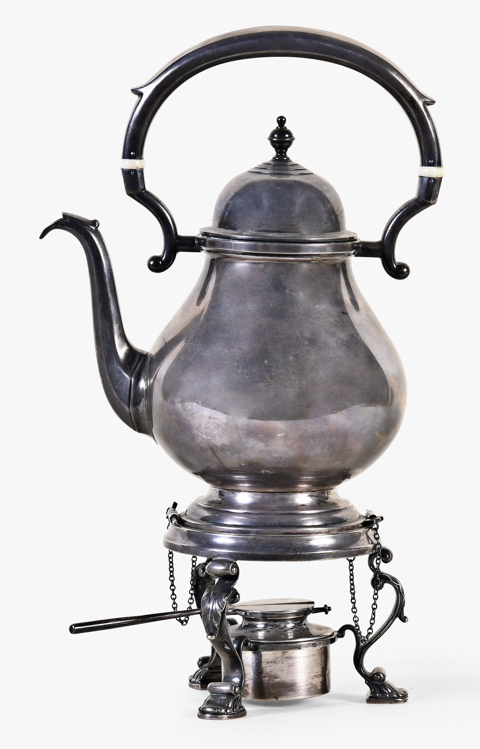An early 20th century Watson sterling silver Exemplar hot water kettle: Watson Silversmiths, Attleboro, Mass., an early 20th century "Exemplar" pattern sterling silver hot water kettle, of bulbous form and on a decorative tripod base with burner, approximately 41 troy oz.