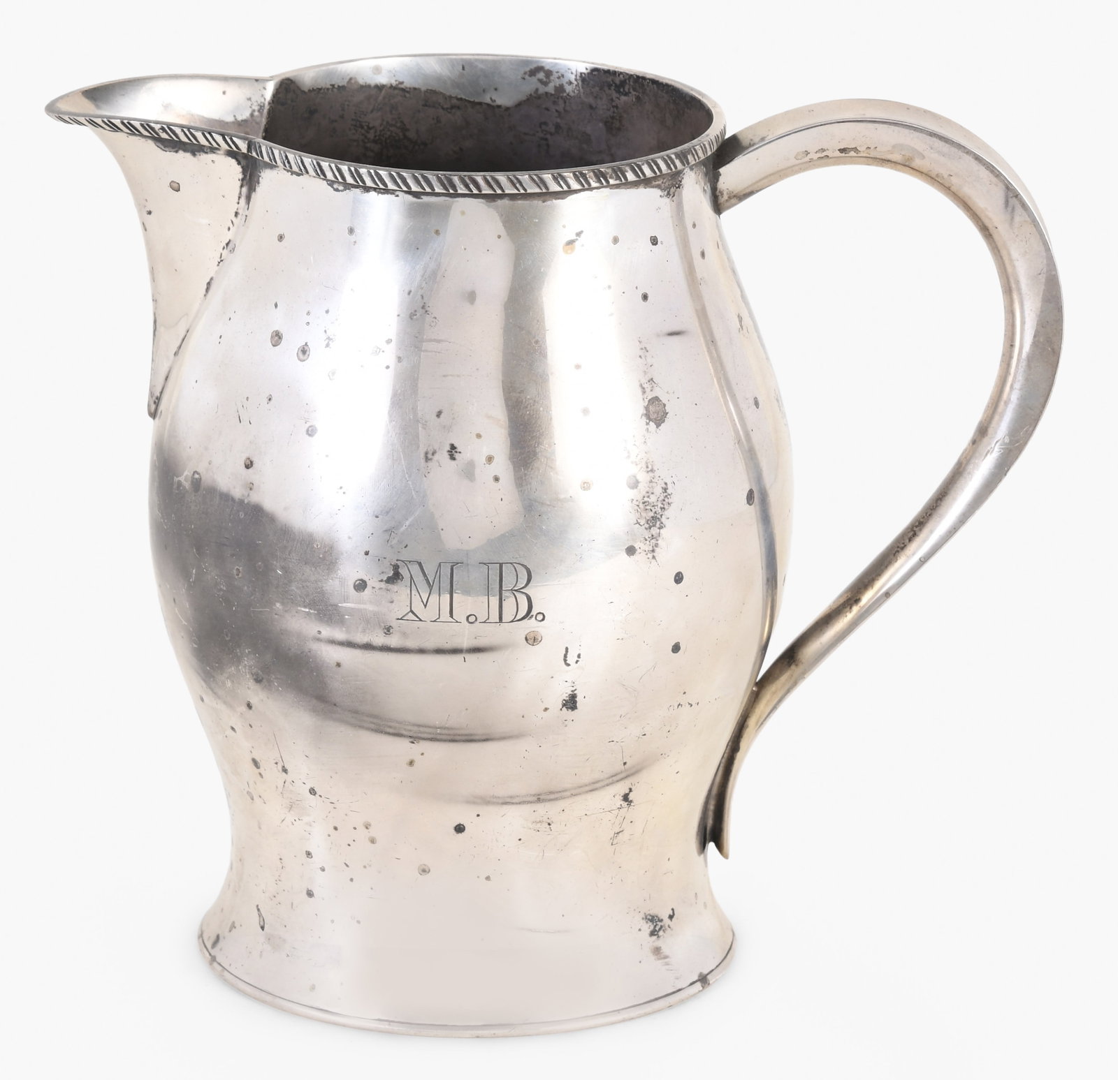 A sterling silver Paul Revere style water jug signed Shreve, Crump & Low Co.: Shreve, Crump & Low Co., Boston, a sterling silver Paul Revere reproduction water jug in the late 18th century style, with engraved "MB" monogram, 20.3 troy oz. TW