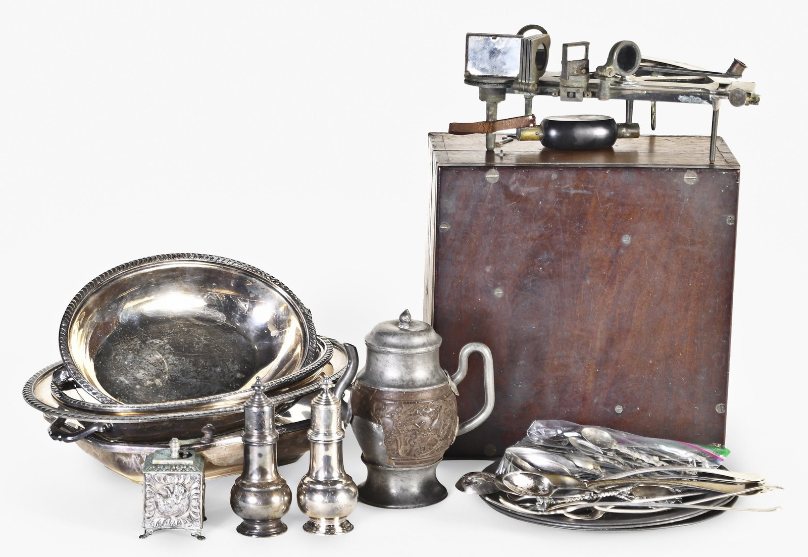 A lot of coin silver, silver plate, pewter, and other antiques (1 of 6)
