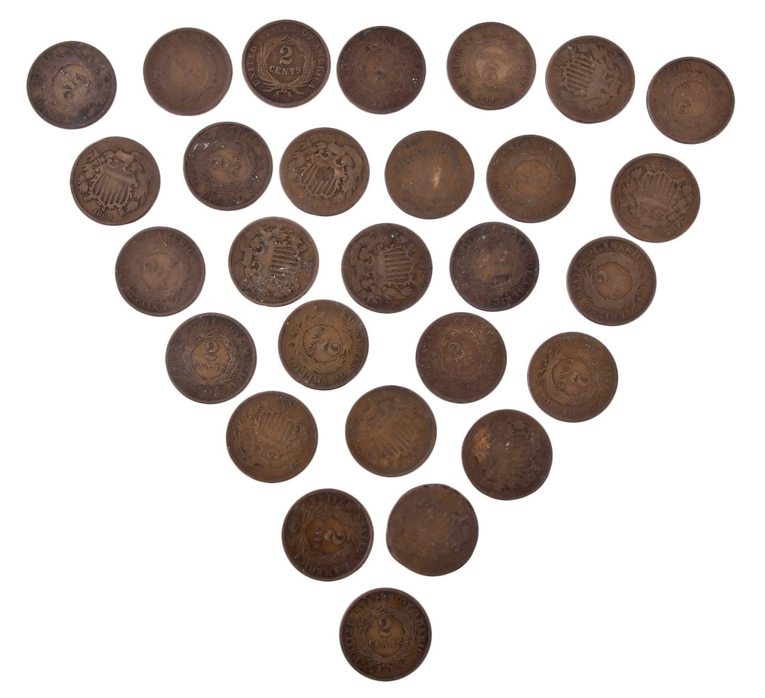A lot of miscellaneous coins: A lot of coins, including an 1848 Braided Hair large cent; a C. Baxter & Brothers corn husking trade token; twenty-seven United States two cent pieces comprising nine dated 1864, seven 1865, two 1866,