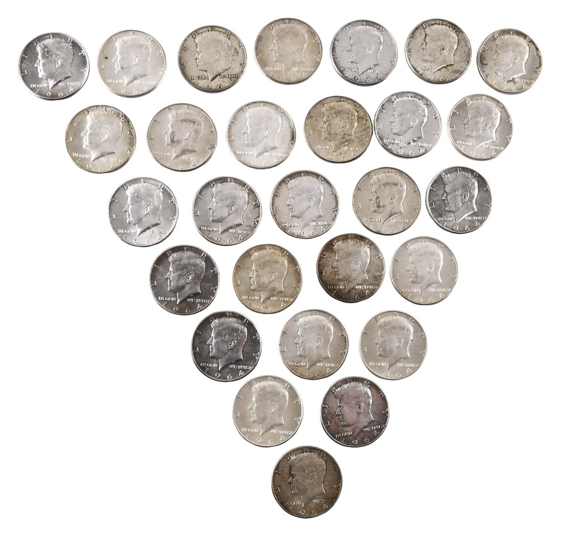 A lot of twenty eight 1964 silver Kennedy half dollars (1 of 2)