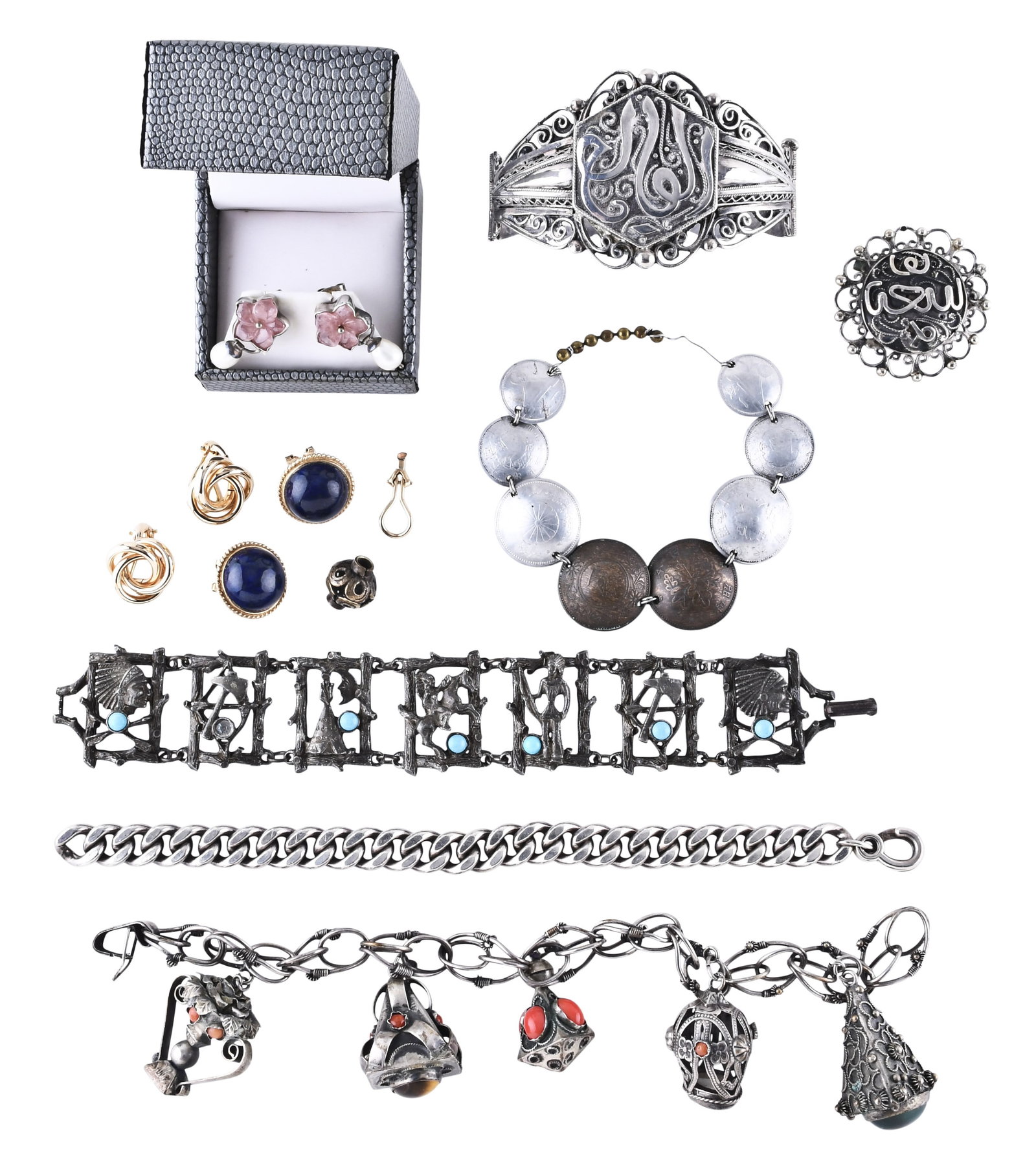A lot of silver and costume jewelry including a Hattie Carnegie Egyptian Revival necklace: A lot of silver and costume jewelry including a Hattie Carnegie Egyptian Revival necklace with soft enamel and turquoise and lapis lazuli colored ceramic beads, sterling silver including earrings, bra