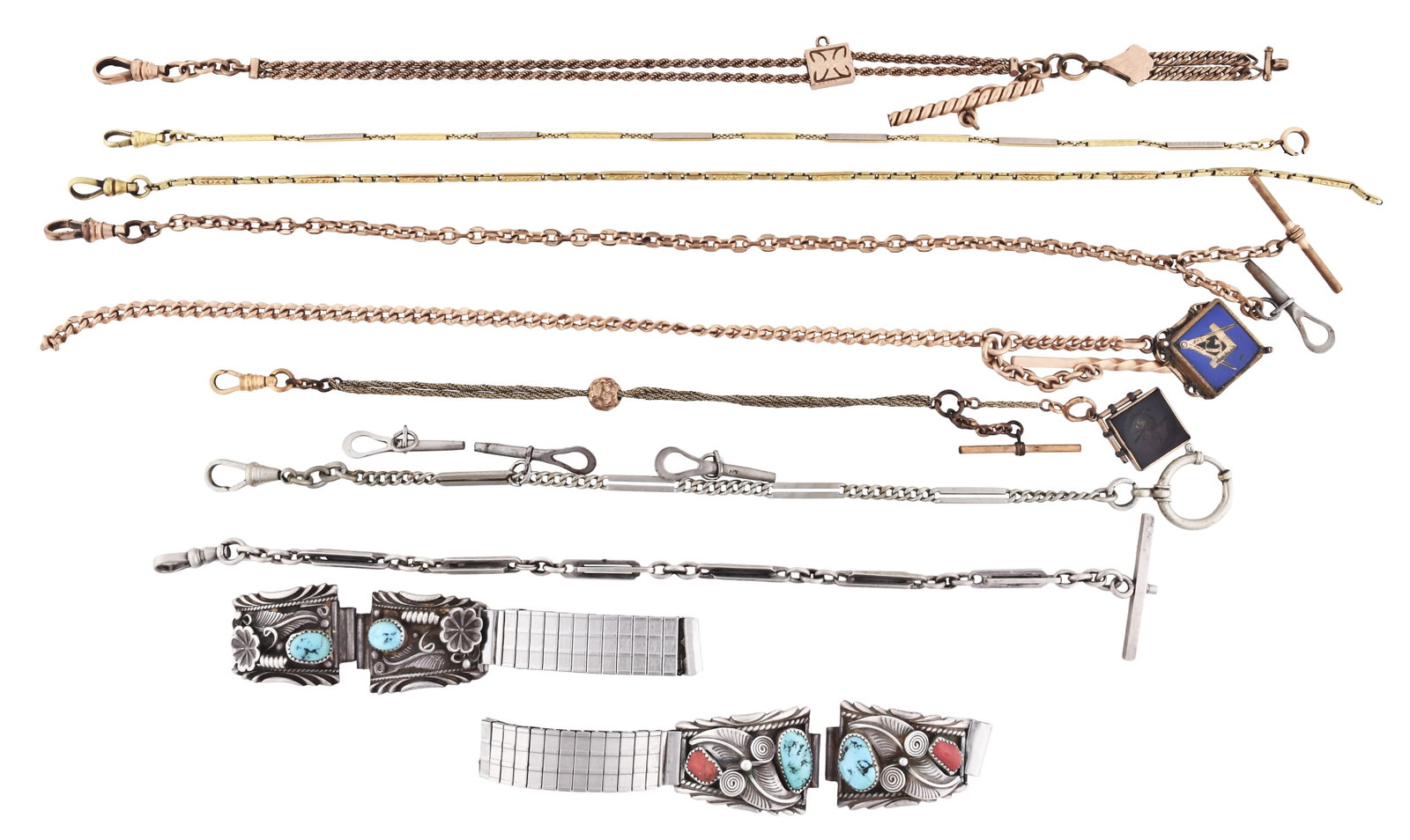 A lot of eight pocket watch chains, fobs and Native American watch bracelet ends: 8 (Eight) pocket watch chains, two fobs, and Native American silver watch bracelet ends, the chains in gold filled and nickel, and with various link styles, one with intaglio fob, another with blue en