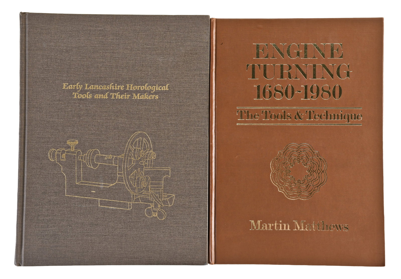A lot of two desirable reference books including Matthews Engine Turning 1680 - 1980: 2 (Two) desirable reference books, the first "Engine Turning 1680 - 1980" by Martin Matthews, gilt stamped brown cloth binding, signed by the author at top of front free endpaper, the other "Early Lan