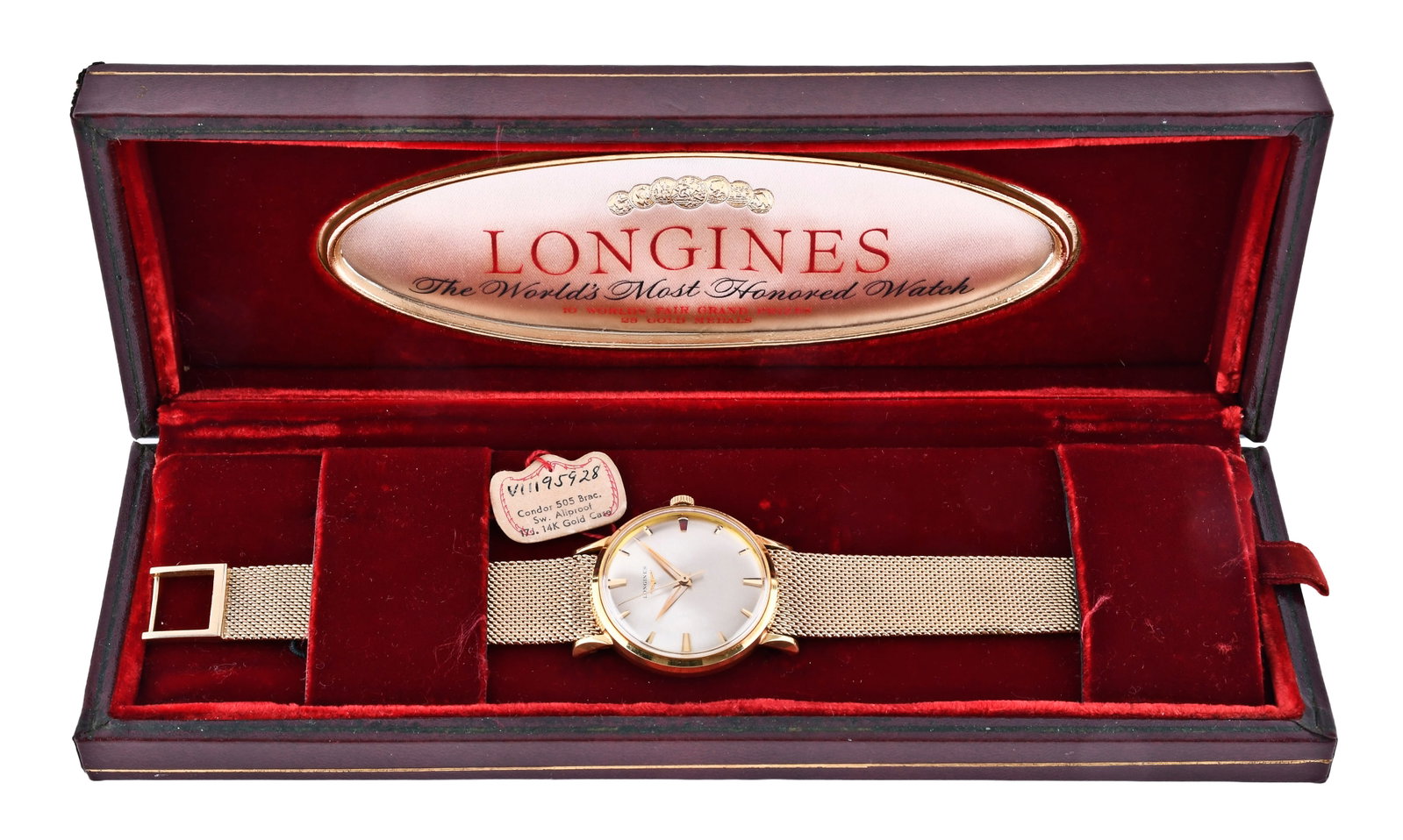 A mid 20th century Longines wrist watch with gold case and bracelet: Longines, Switzerland, a mid 20th century gold wrist watch, 17 jewel, manual winding rhodium plated cal. 280 movement with lever escapement in an 18 karat yellow gold case with 14 karat yellow gold Lo