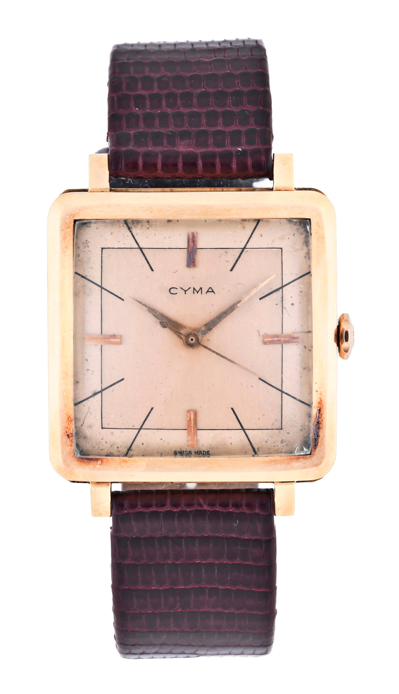 A mid 20th century gold Cyma wrist watch: Cyma, Switzerland, a mid 20th century gold wrist watch, 27 jewel, automatic winding gilt cal. R480 movement with lever escapement in an 18 karat yellow gold cushion case with reptile strap, baton mark
