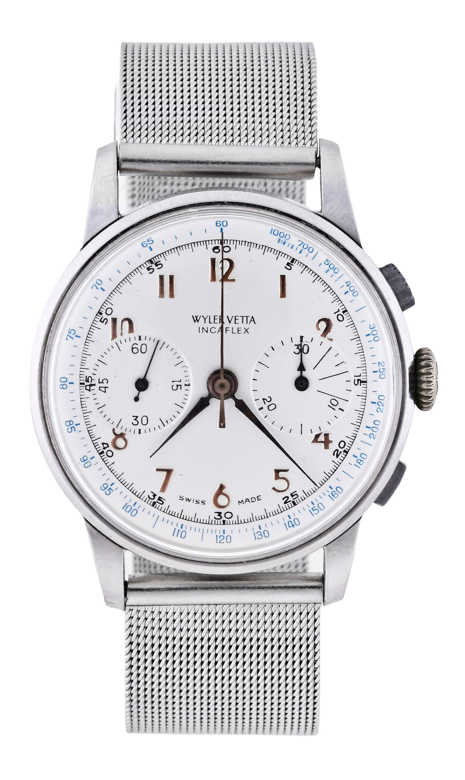 A mid 20th century Wyler Vetta ref. 236 wrist chronograph: Wyler Vetta, Milan, a mid 20th century ref. 236 wrist chronograph, 17 jewel, manual winding, rhodium plated Valjoux cal. 22 movement with lever escapement and Incaflex balance in a round stainless ste