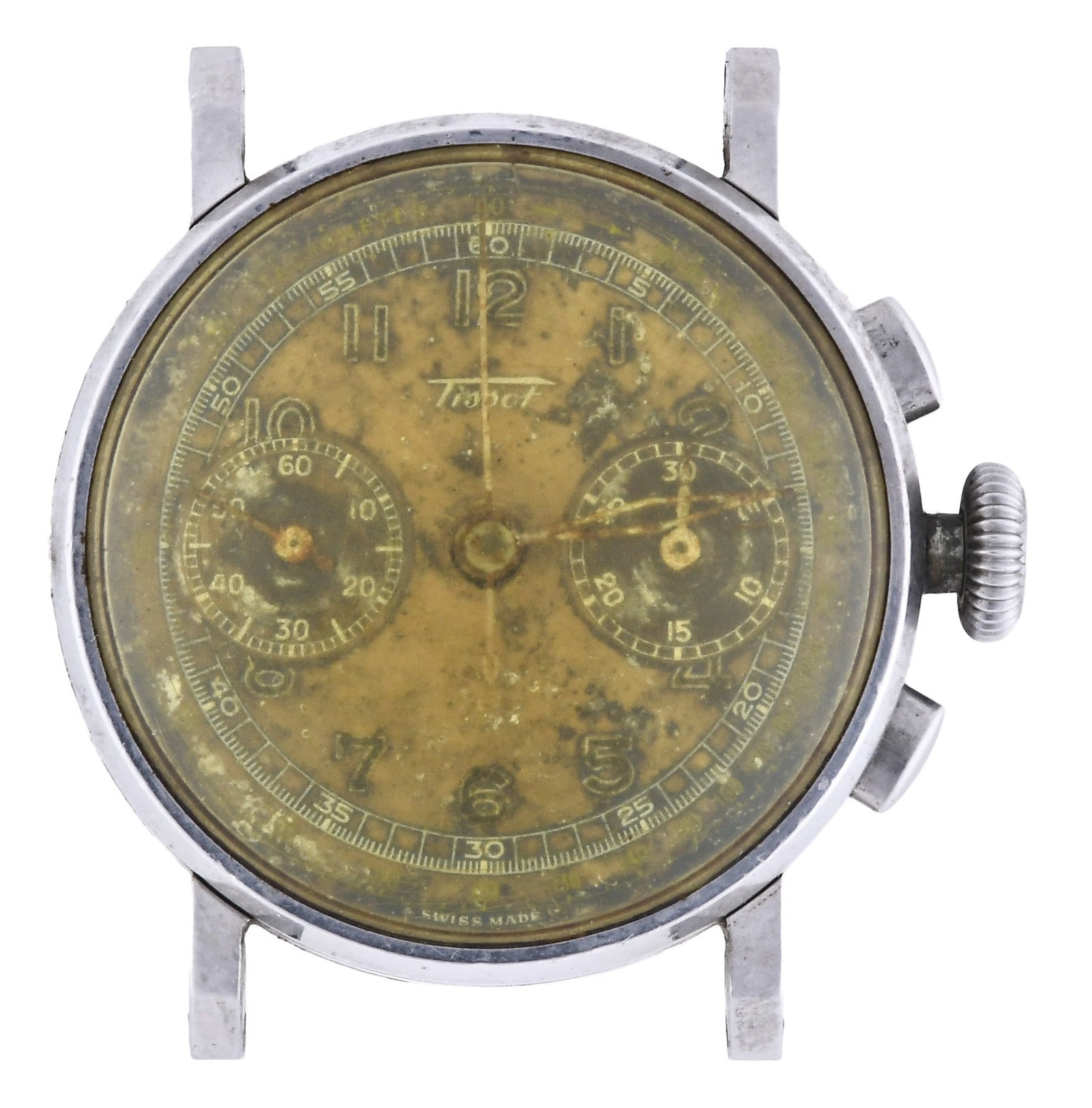 A mid 20th century Tissot wrist chronograph with Lemania 13CH movement: Tissot, Switzerland, a mid 20th century wrist chronograph, with 17 jewel rhodium plated Lemania 13CH movement, round stainless steel case, and arabic numeral metal dial with 30 minute register and con