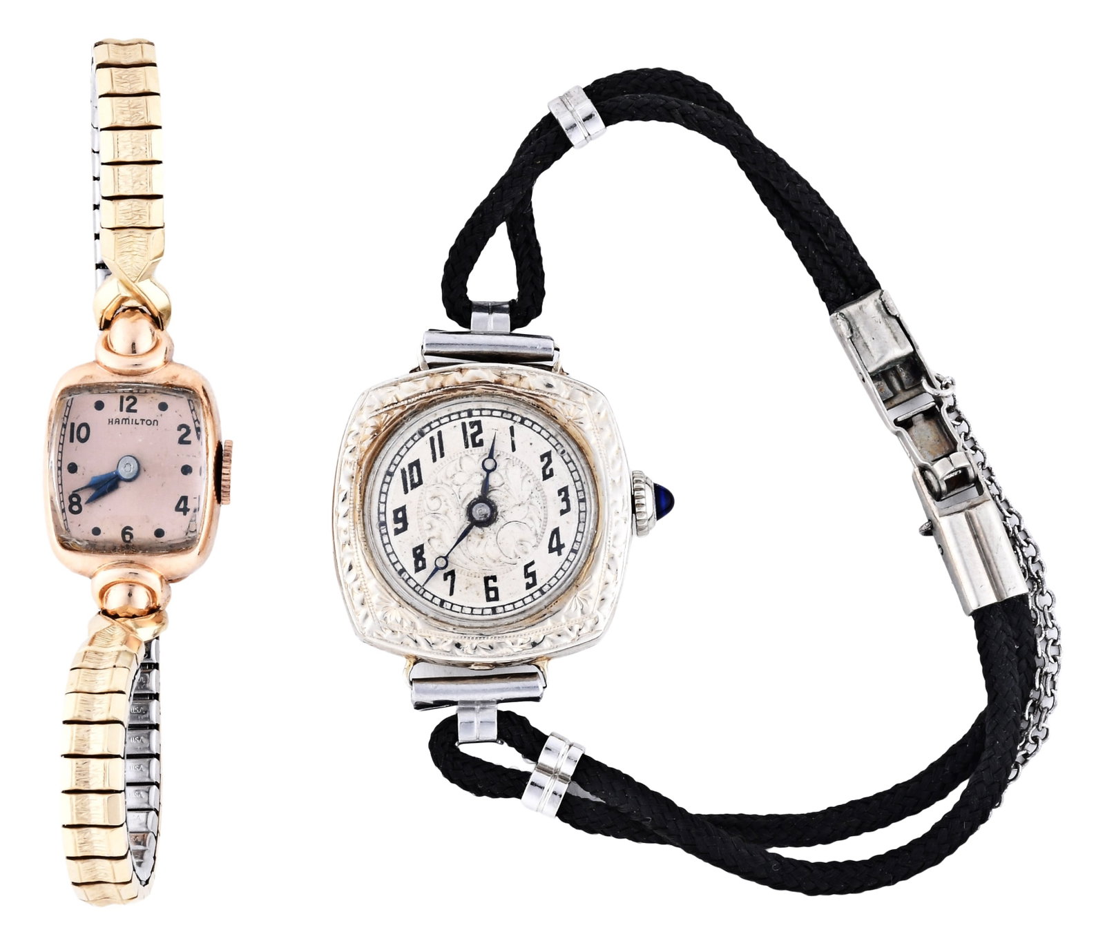 A lot of two 14 karat gold lady's wrist watches: 2 (Two) 14 karat gold ladys wrist watches, one a Hamiltion with 17 jewel movement and arabic numeral and dot dial, the other Swiss and with 15 jewel movement and arabic numeral dial, 27.1g TW