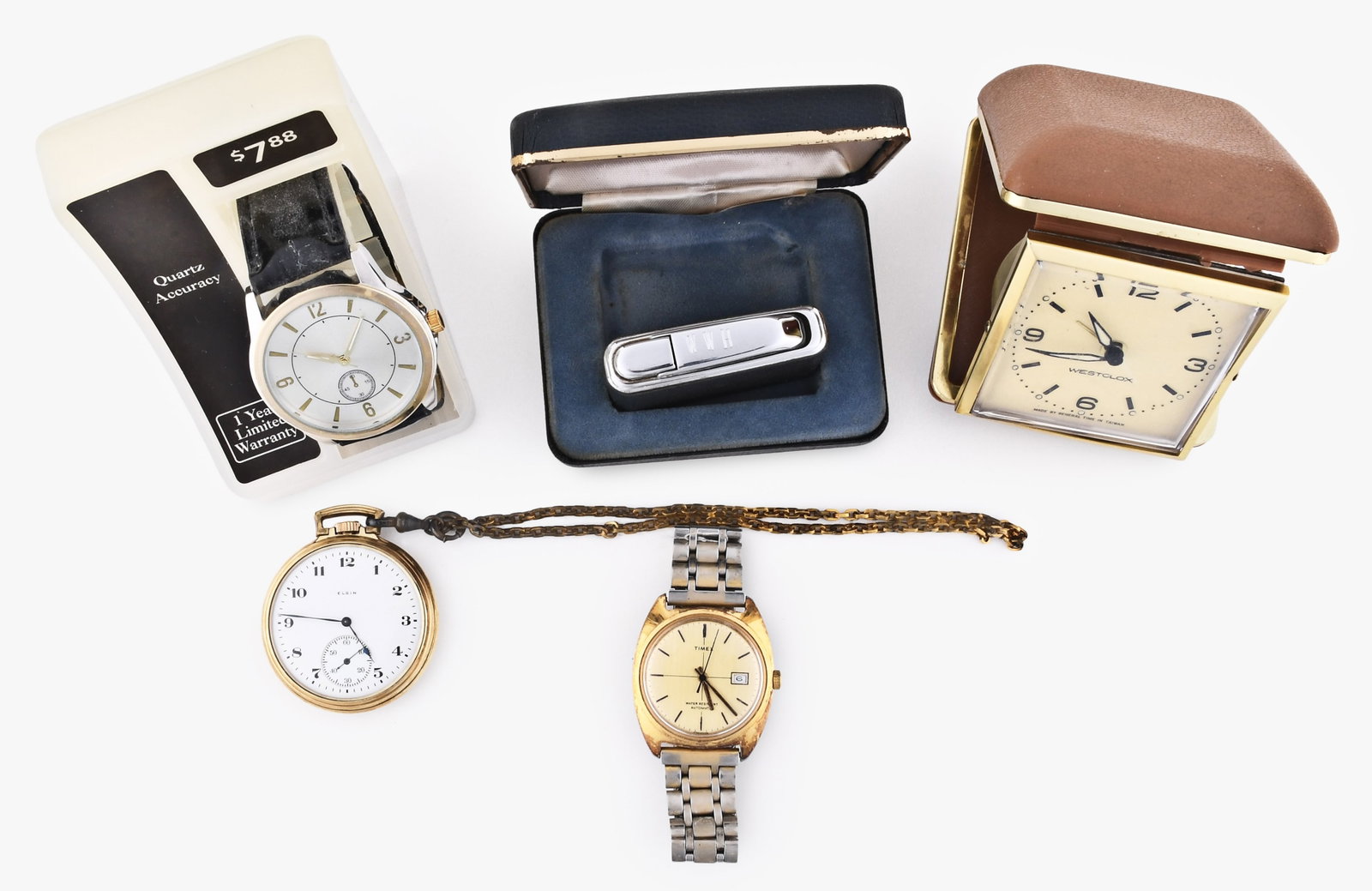 A lot of eleven wrist and pocket watches: 11 (Eleven) assorted automatic, manual wind, and quartz wrist and pocket watches, brands include Seiko, Elgin, Timex, Disney, Invicta, and others, also includes one Westclox travel clock and one Colib
