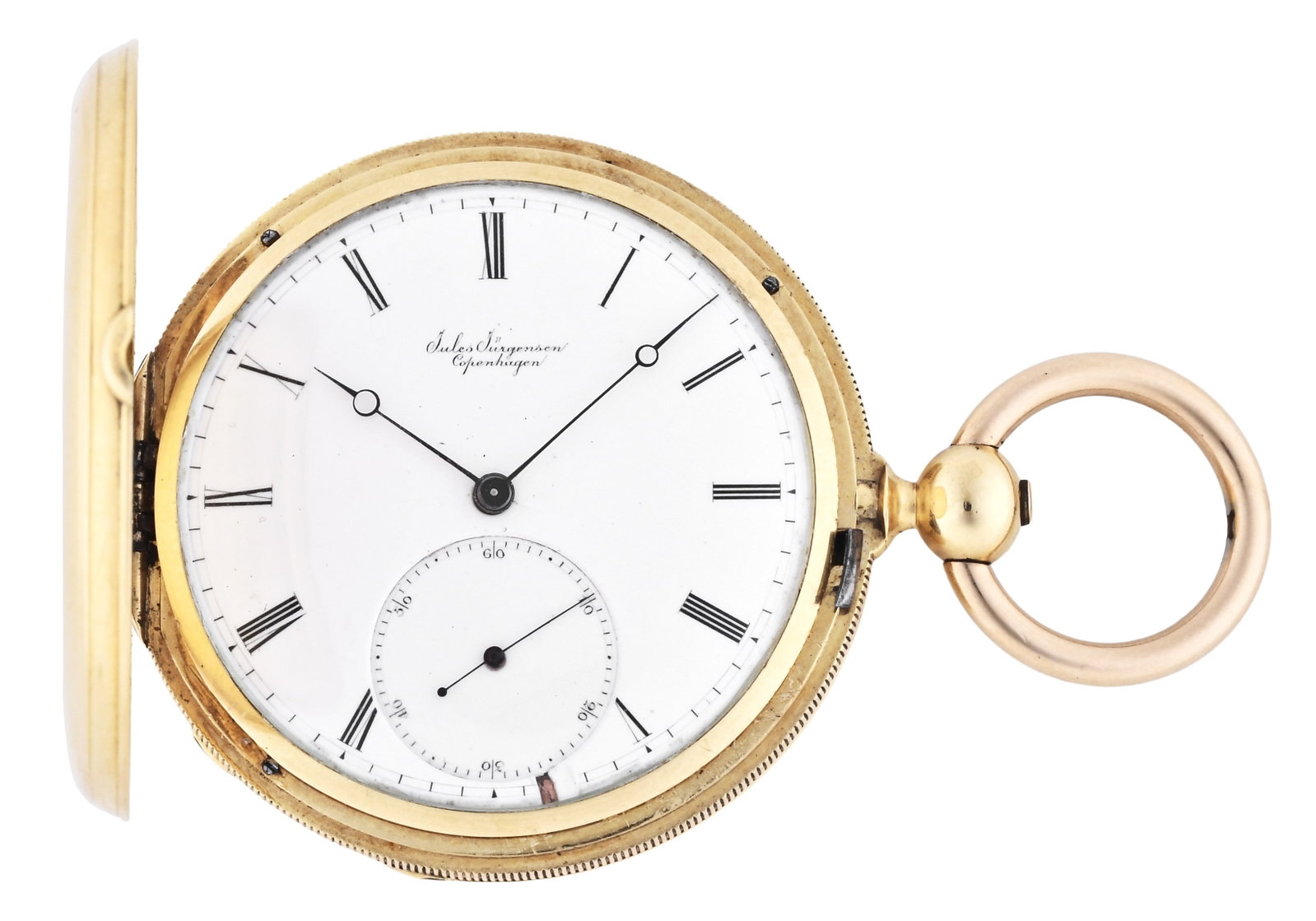A mid 19th century gold pocket watch by Jules Jurgensen: Jules Jurgensen, Copenhagen, a mid 19th century gold pocket watch, 21 jewel, key wind and set, cotes de Geneve decorated gilt bar movement with lever escapement and cut bimetallic balance with gold sc