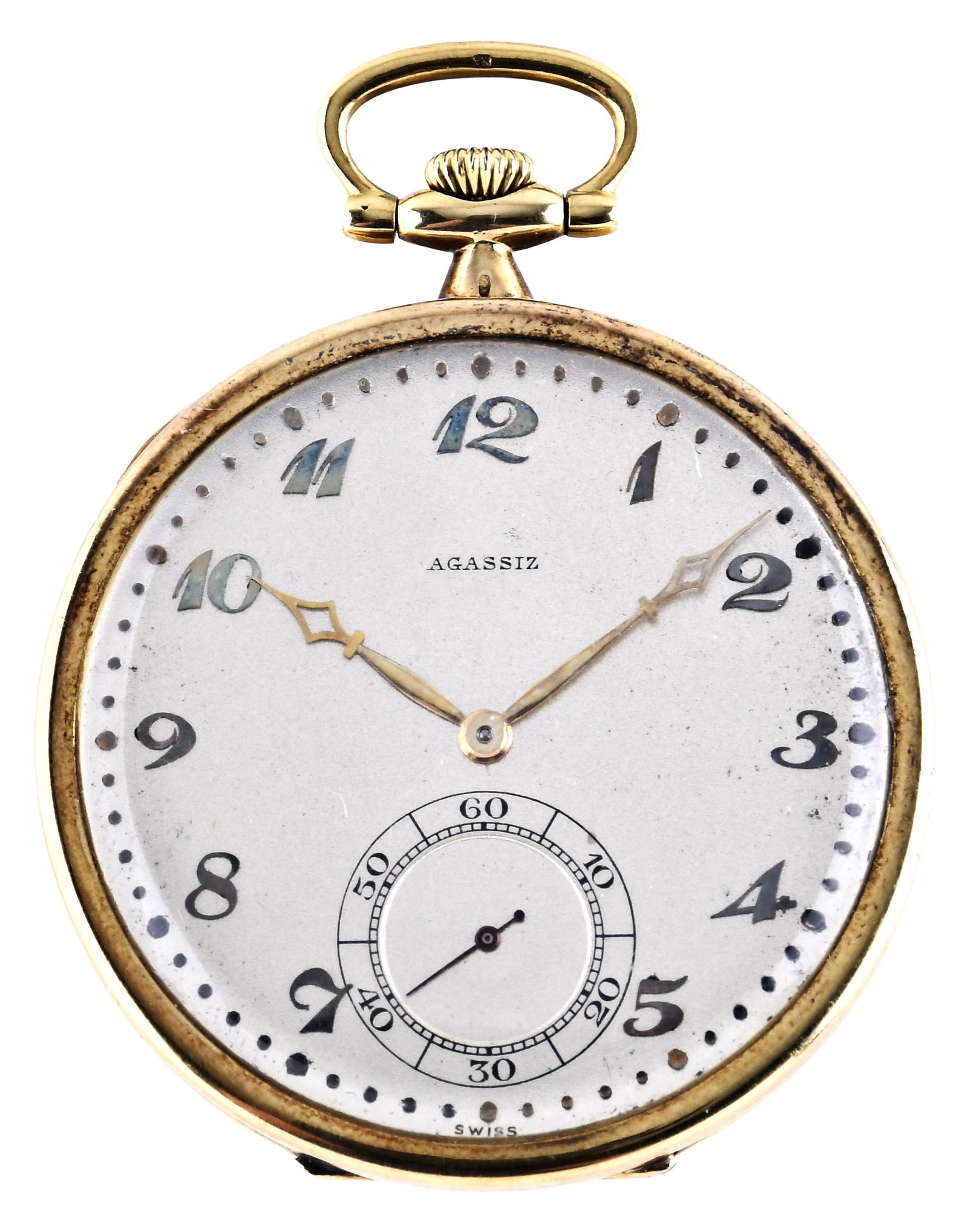 An early 20th century gold slim pocket watch by Agassiz: Agassiz, Switzerland, an early 20th century slim pocket watch, 21 jewel, stem wind and set cotes de Geneve decorated, adjusted to 6 positions, temperature and isochronism rhodium plated movement with 