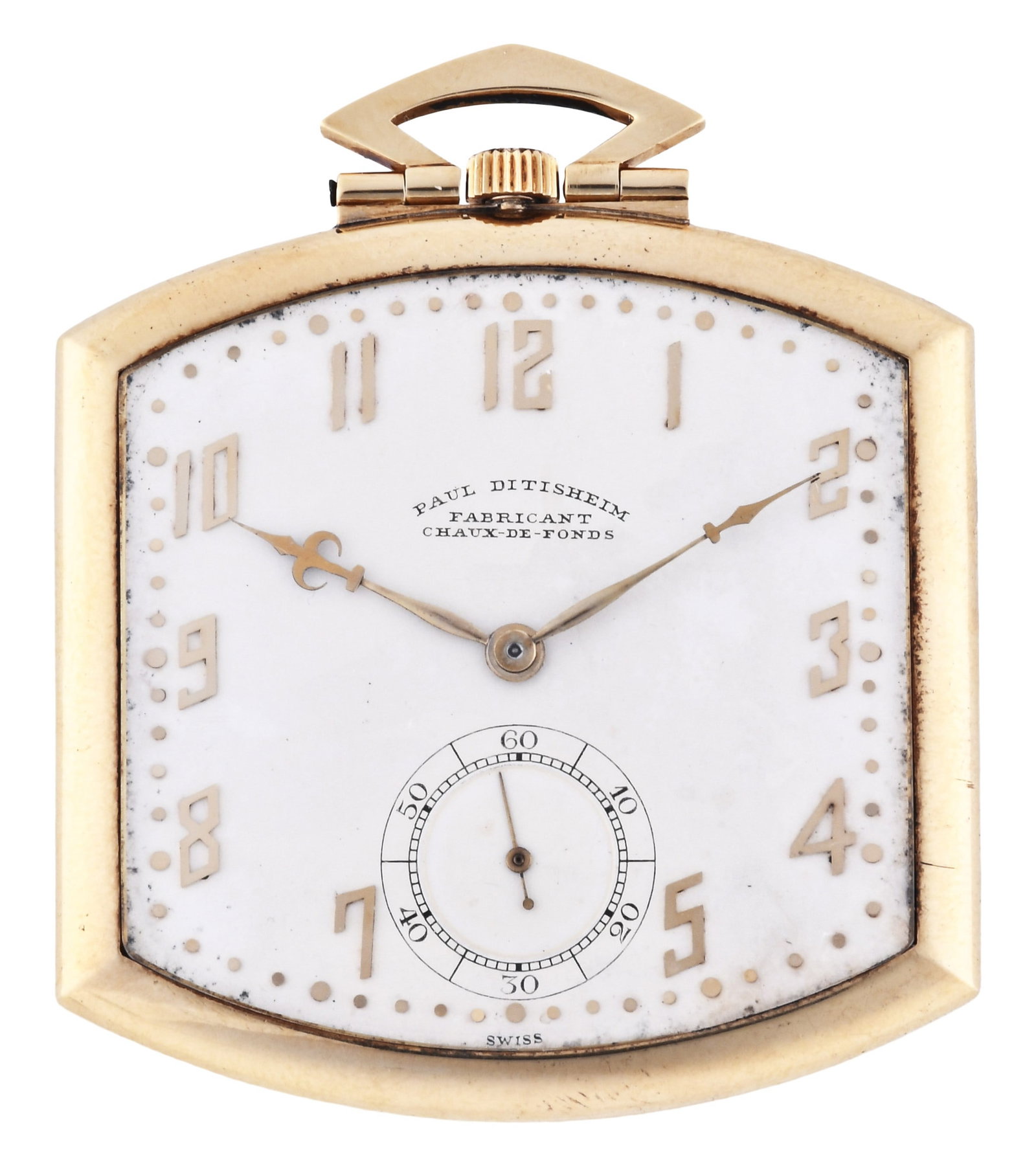 An early 20th century gold tonneau shaped thin pocket watch by Paul Ditisheim: Paul Ditisheim, Chaux de Fonds, an early 20th century thin pocket watch, 19 jewel, stem wind and set rhodium plated movement with lever escapement and cut bimetallic balance in an 18 karat yellow gold