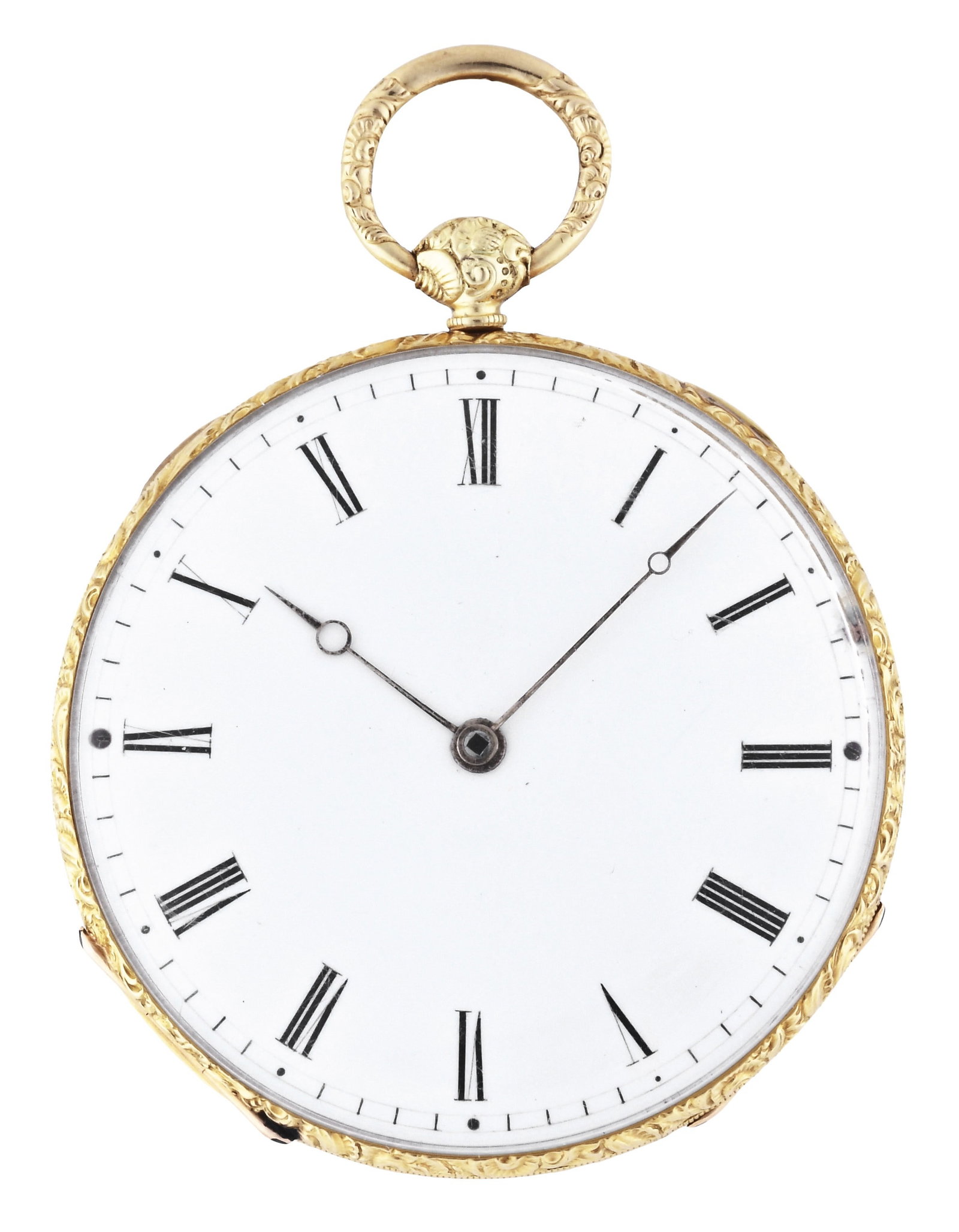 A mid 19th century slim Swiss gold pocket watch: Switzerland, a mid 19th century slim gold pocket watch, 4 jewel, key wind and set, gilt Lepine caliber movement with cylinder escapement in an 18 karat gold, hinged back and bezel, engine turned and e