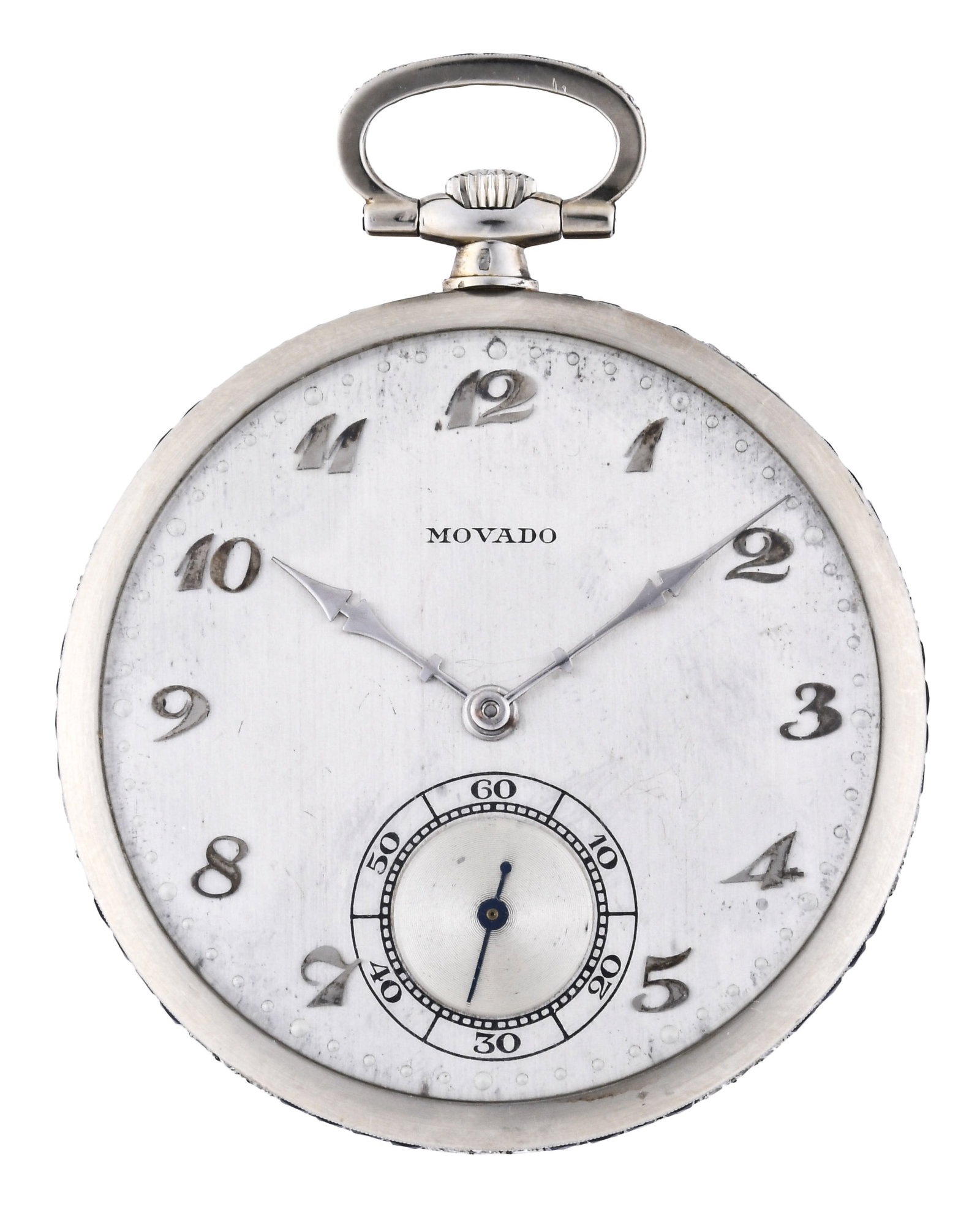 An early 20th century slim white gold diamond and sapphire pocket watch by Movado: Movado, Switzerland, an early 20th century slim pocket watch, 17 jewel, stem wind and set rhodium plated movement with five adjustments, lever escapement, cut bimetallic balance with gold screws, and 