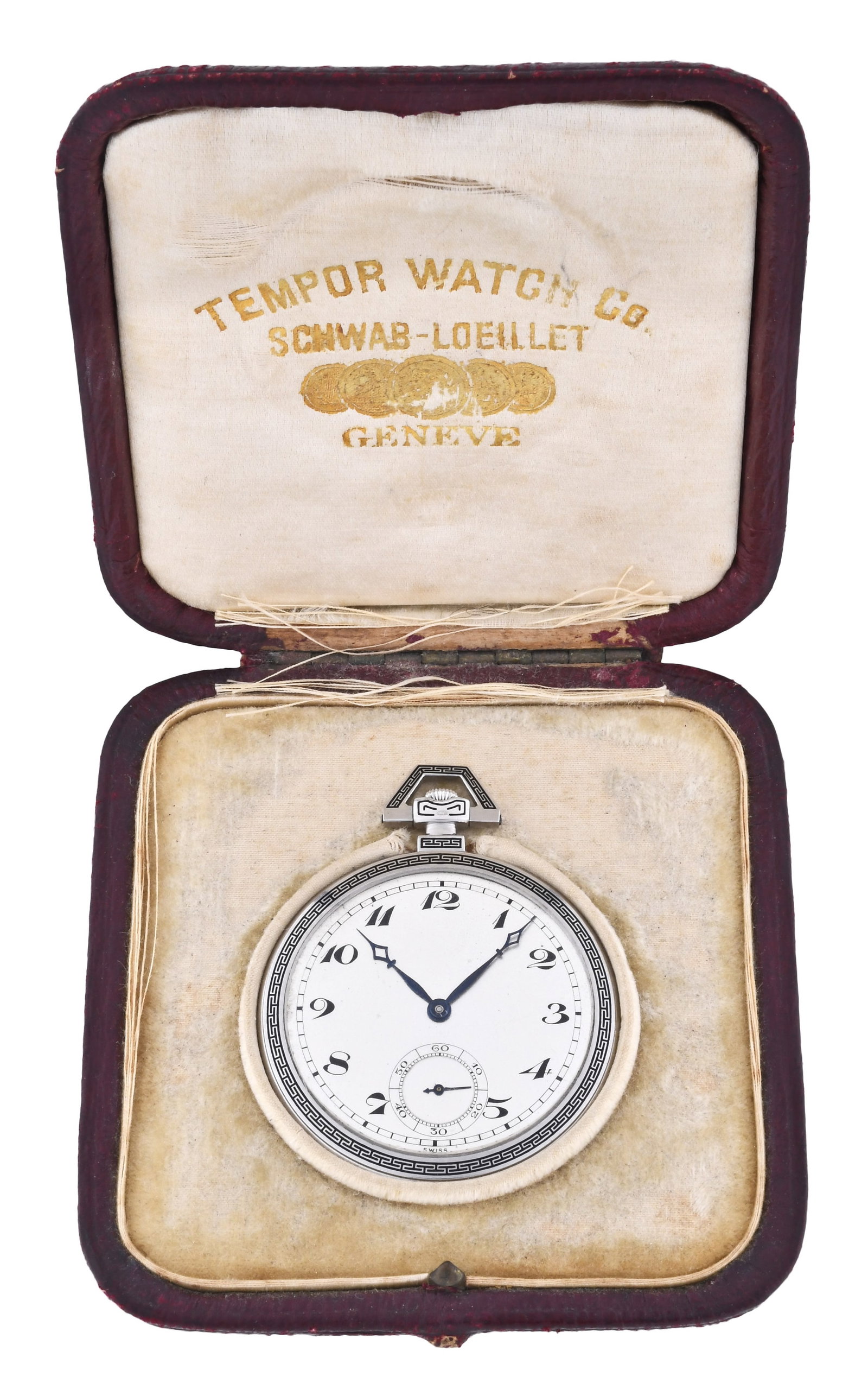 An early 20th century man's ultra thin platinum dress watch by Tempor Watch Co.: Tempor Watch Co., Geneva, and early 20th century man's ultra thin dress watch, 18 jewel, stem wind and set, adjusted to 5 positions, cotes de Geneve decorated rhodium plated bar movement with lever es