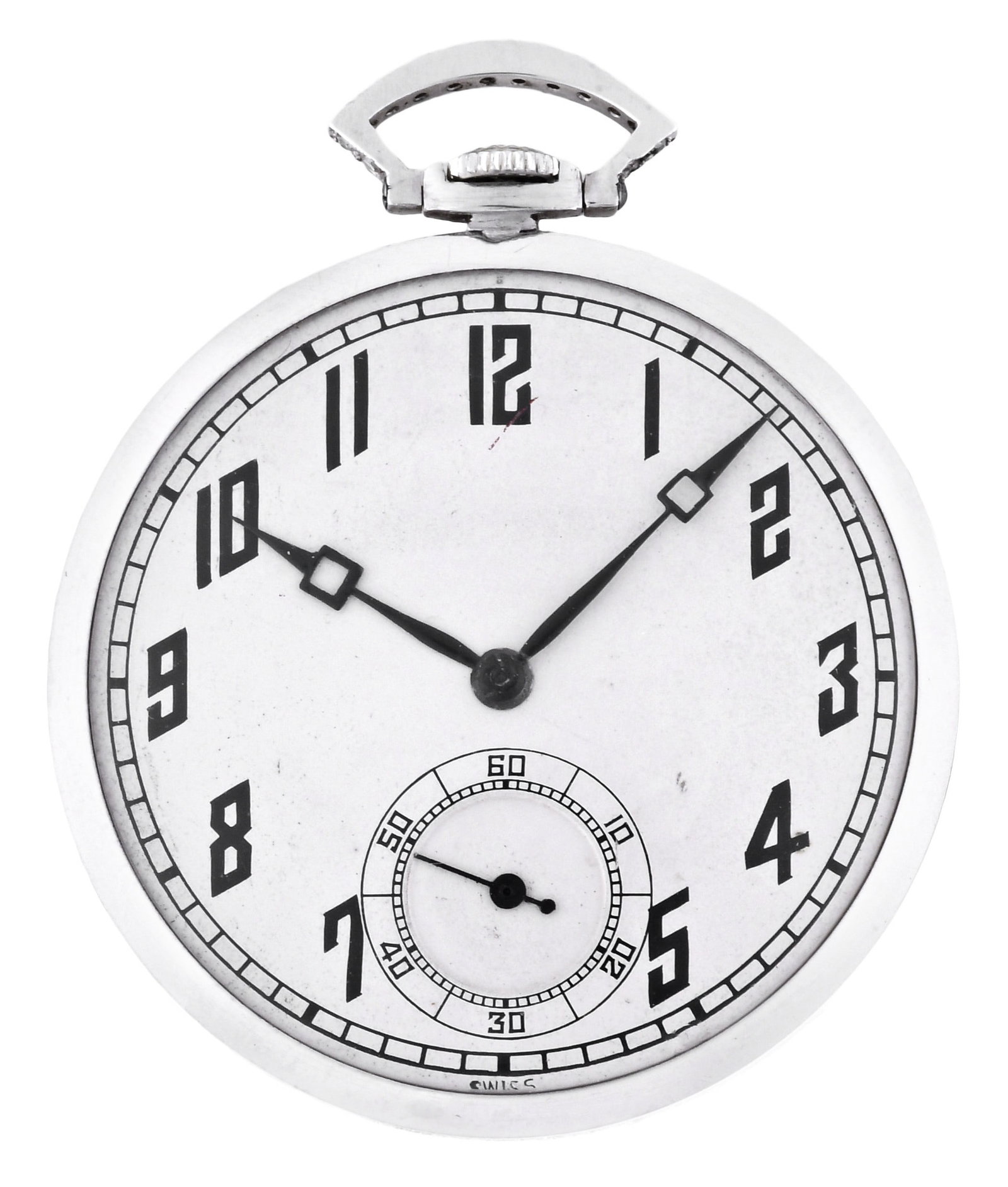An early 20th century slim platinum and diamond pocket watch by Paul Ditisheim: Paul Ditisheim, Switzerland, an early 20th century slim pocket watch, 18 jewel, stem wind and set, rhodium plated movement with 6 adjustments, lever escapement, and cut bimetallic balance in a platinu