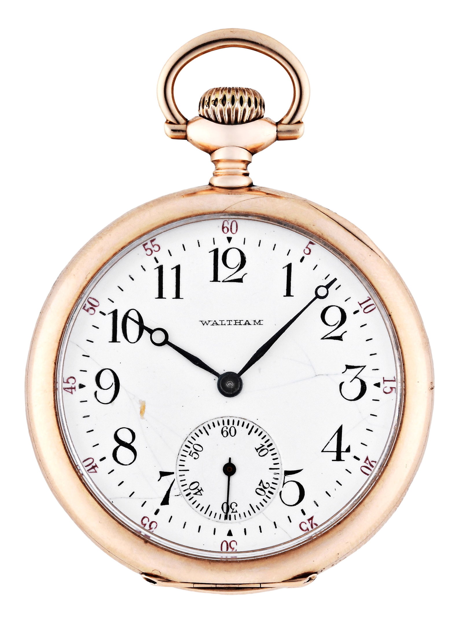 An early 20th century gold 12 size Waltham pocket watch: American Waltham Watch Co., Waltham, Mass., an early 20th century 12 size pocket watch with 15 jewel damascened nickel plate movement with lever escapement, in a 14 karat yellow gold case with arabic 