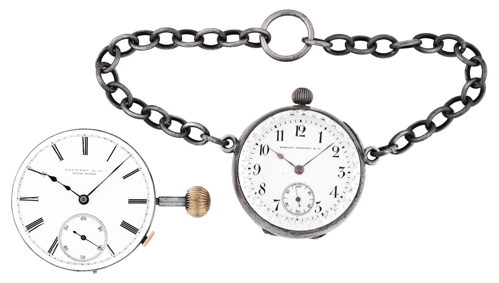 A lady's pendant watch by Vacheron & Constantin and a Tiffany & Co. pocket watch movement: Vacheron & Constantin, Geneva, for Bigelow, Kennard & Co., Boston, a lady's silver pendant watch, 20 jewel, stem wind and set, adjusted nickel plate movement with lever escapement and cut bimetallic b