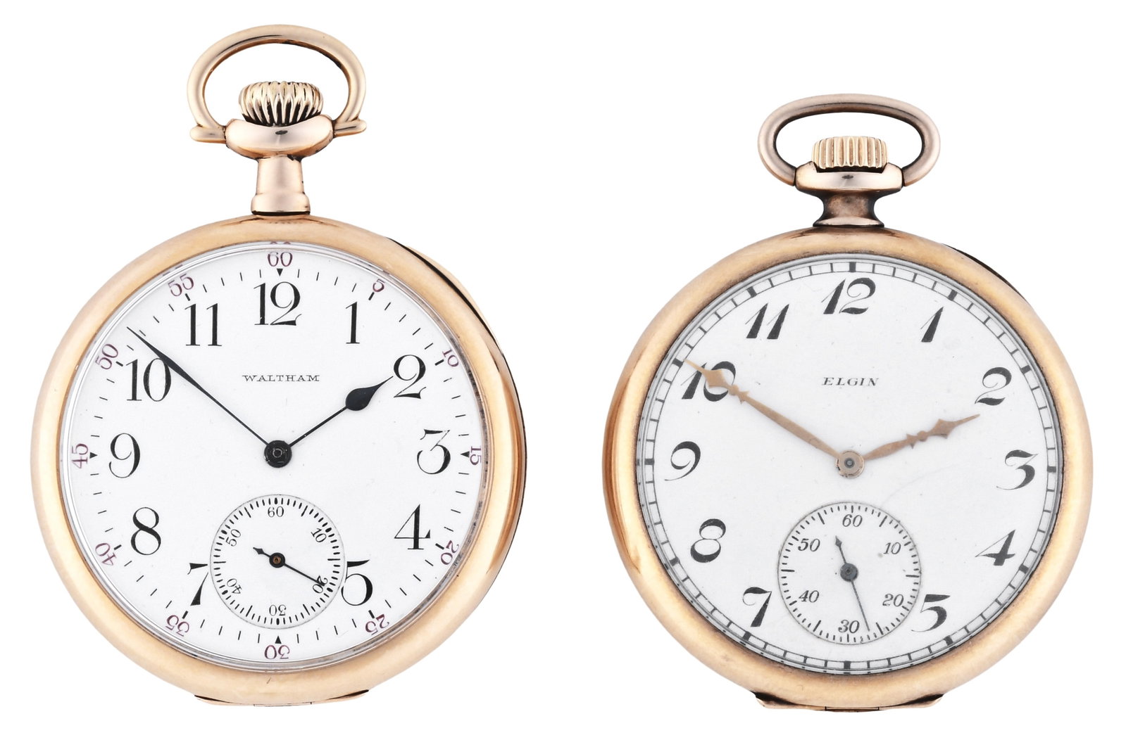 A lot of two American 12 size pocket watches in 14 karat gold: 2 (Two) American pocket watches, both 12 size and with 14 karat gold cases, the first a Waltham with 15 jewel movement and arabic numeral white enamel dial, serial #13360450, the other an Elgin with 7