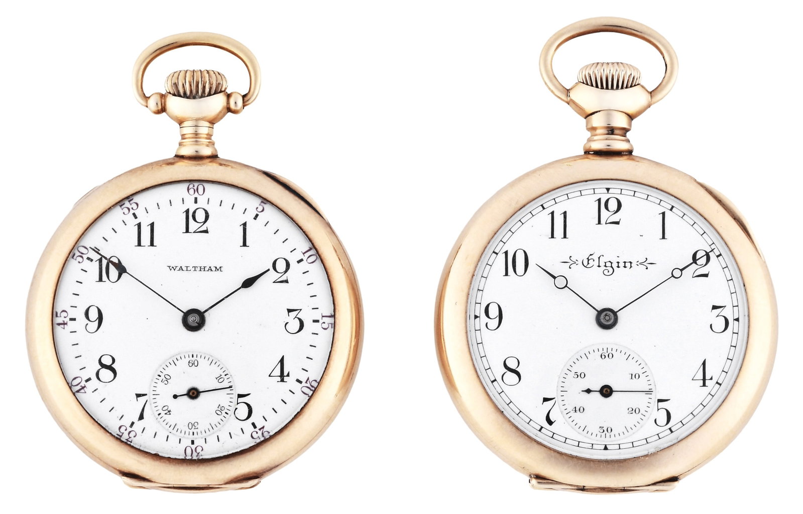A lot of two early 20th century American gold pendant watches: 2 (Two) early 20th century American gold pendant watches, both 0 size, including an Elgin with 17 jewel danascened movement, arabic numeral white enamel dial, and 14 karat yellow gold case, serial #95