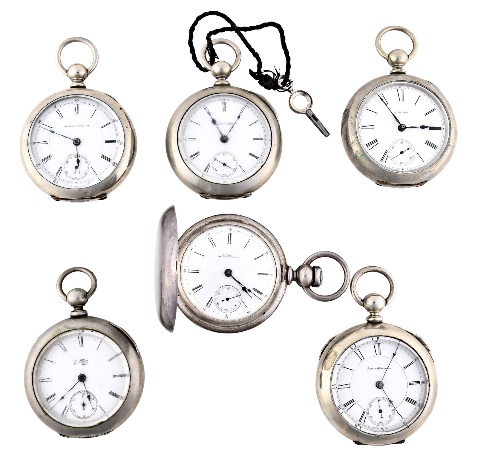 A lot of six 18 size Aurora key wound pocket watches, one with silver invisible joint case: 6 (Six) 18 size Aurora key-wound pocket watches, 7-15 jewel gilt and nickel plate movements, roman numeral white enamel dials, in nickel and silver hunting and open faced cases, one with invisible hin