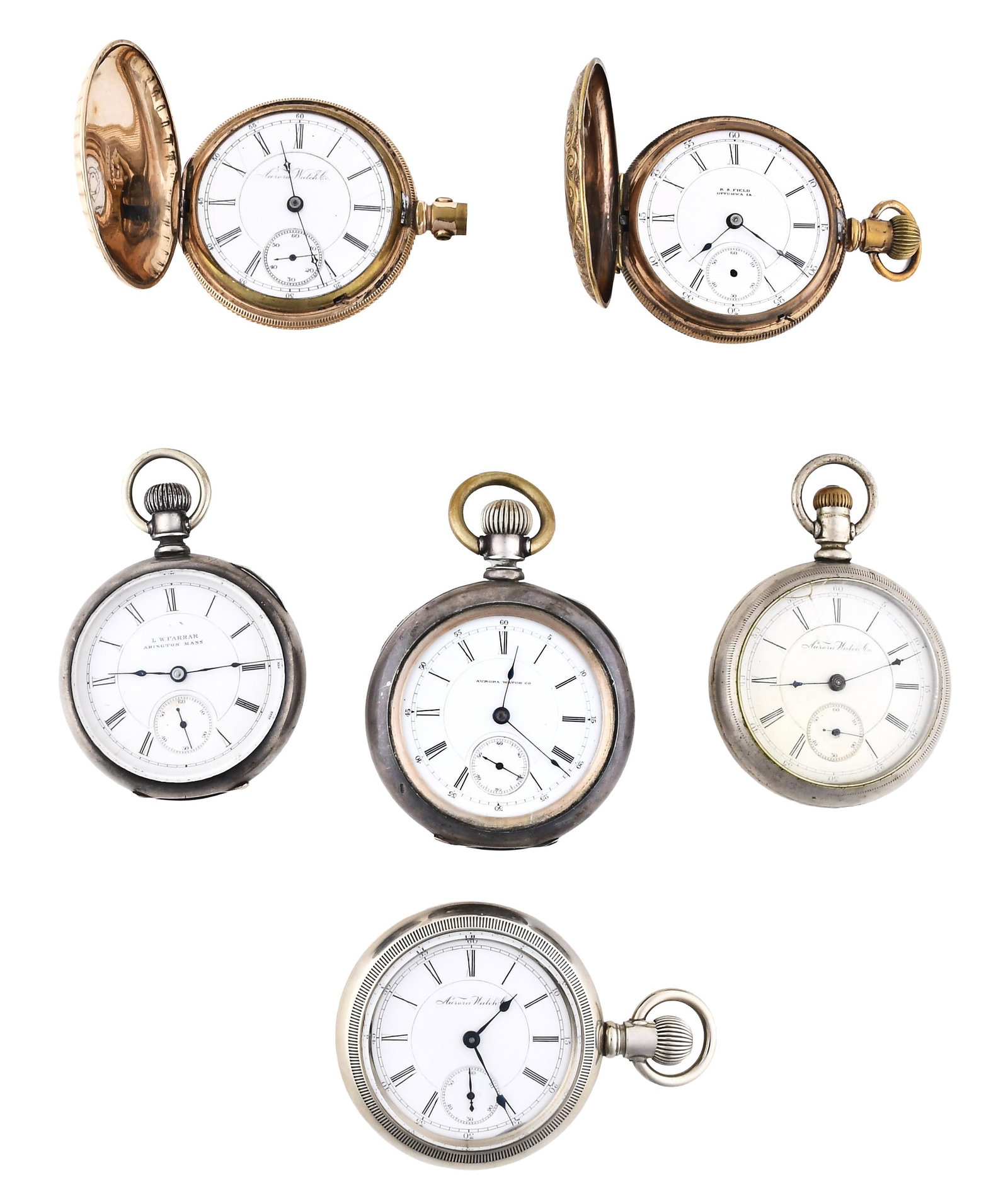 A lot of six 18 size Aurora pocket watches: 6 (Six) 18 size Aurora pocket watches, 11-15 jewel gilt movements, roman numeral white enamel dials, in gold filled, nickel and silver open face and hunting cases