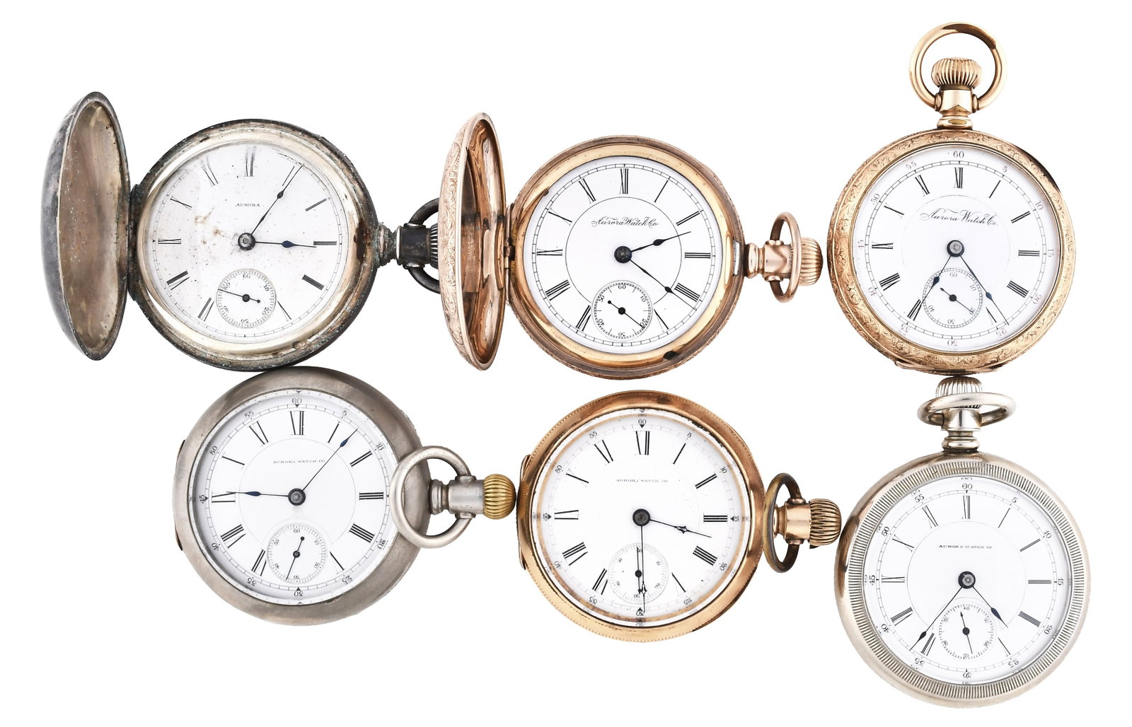 A lot of six 18 size Aurora pocket watches: 6 (Six) 18 size Aurora pocket watches, 7 - 15 jewel gilt and nickel plate movements, with roman numeral white enamel dials, in nickel, silver and gold filled hunting and open face cases