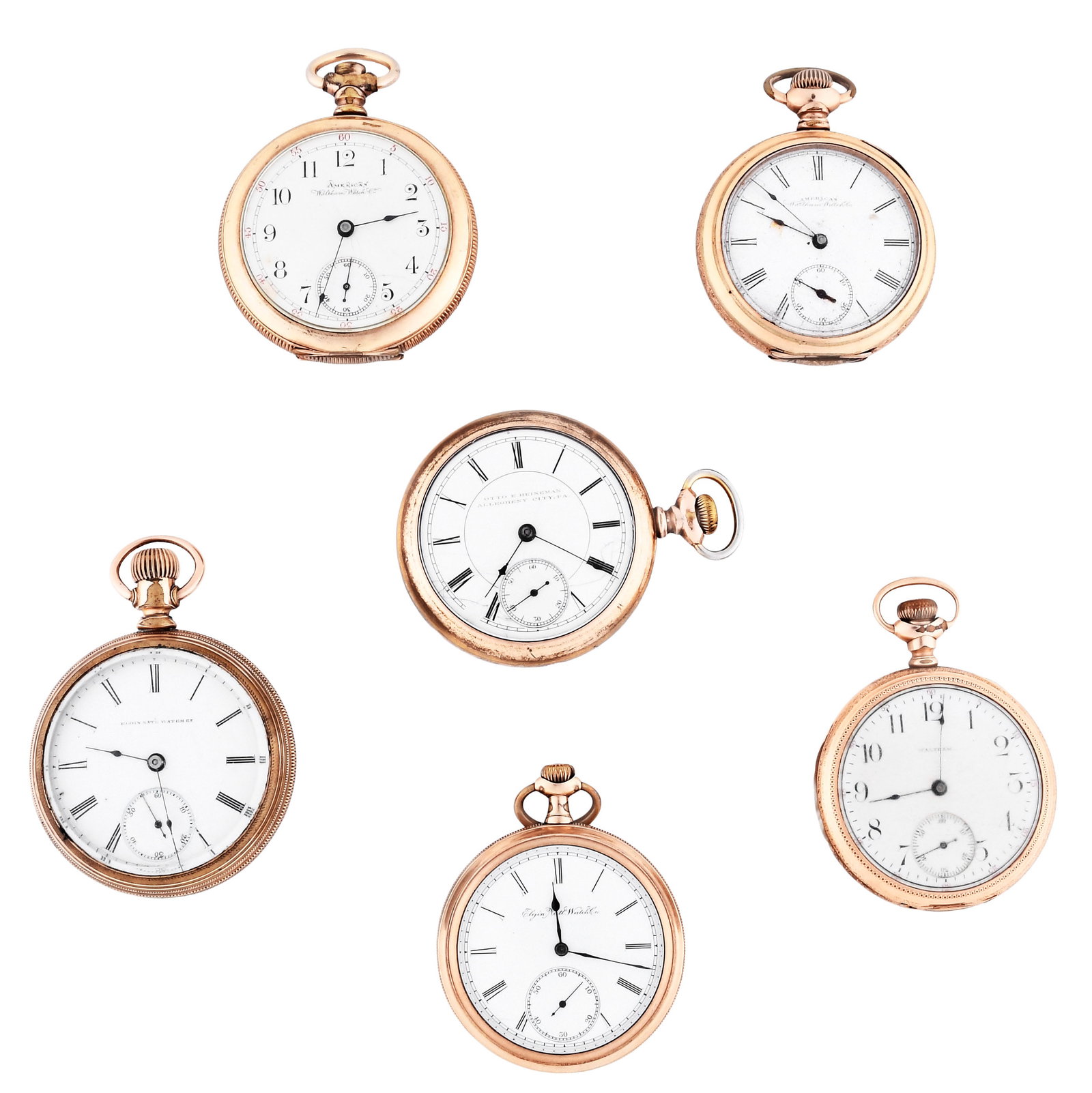 A lot of six American 16 and 18 size pocket watches: 6 (Six) American 16 and 18 size pocket watches, makers including Waltham, Elgin and Rockford, 7 - 15 jewel gilt and nickel movements, roman and arabic numeral white enamel dials, and gold filled open 