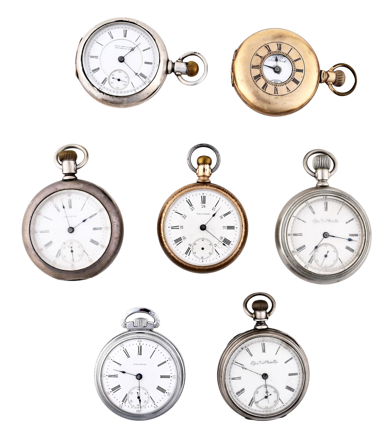 A lot of seven 18 size American pocket watches: 7 (Seven) 18 size American pocket watches, makers including Waltham, Elgin, Illinois and Seth Thomas, with 7 - 17 jewel gilt and nickel plate movements, roman numeral white enamel dials, and silver, n